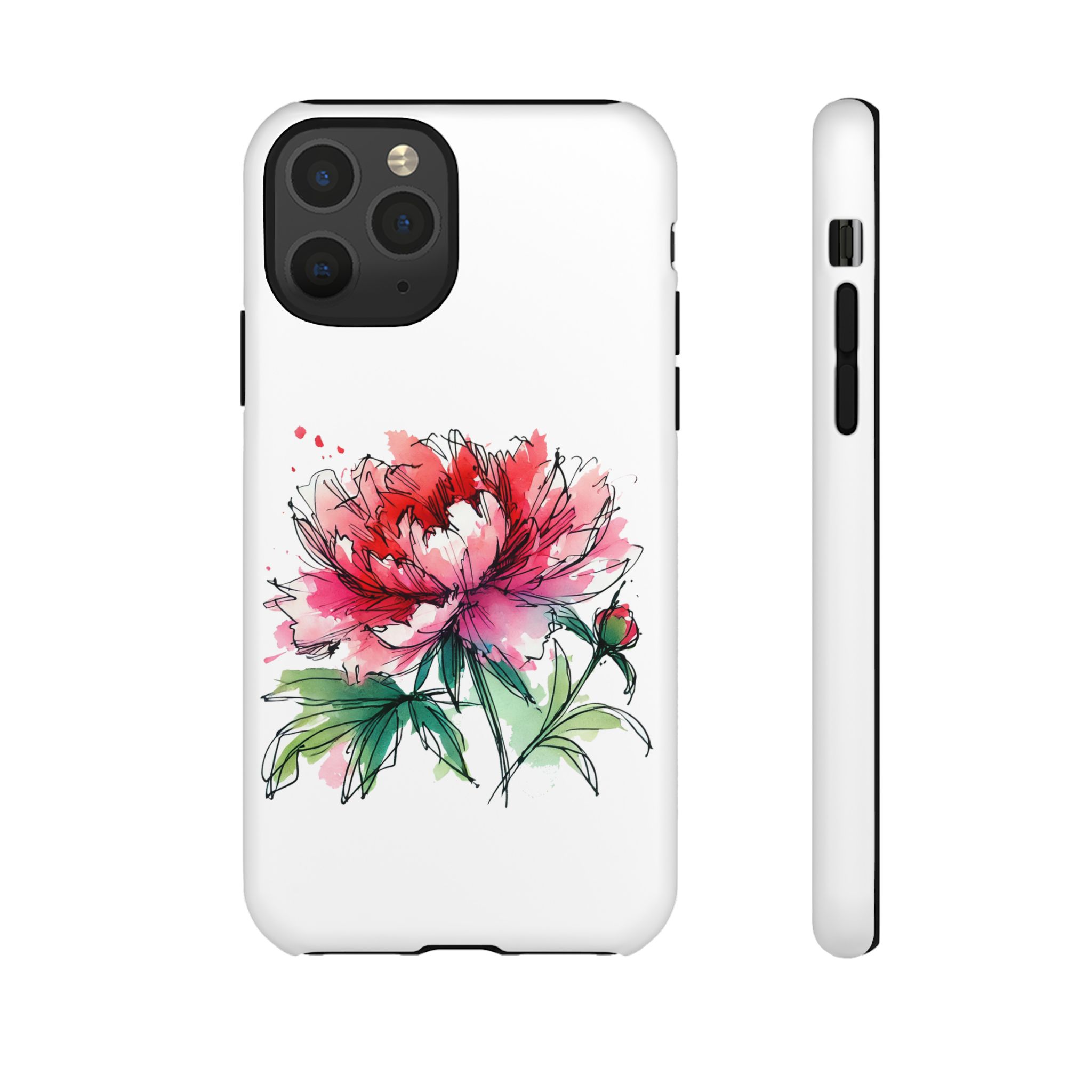Phone case featuring a colorful peony illustration with pink and green accents.