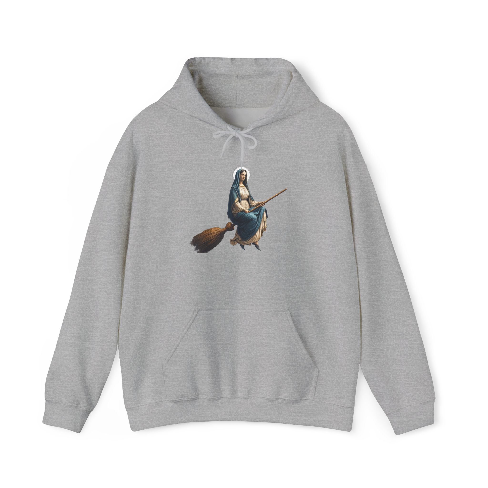 Gray hoodie featuring a graphic of a witch riding a broomstick.