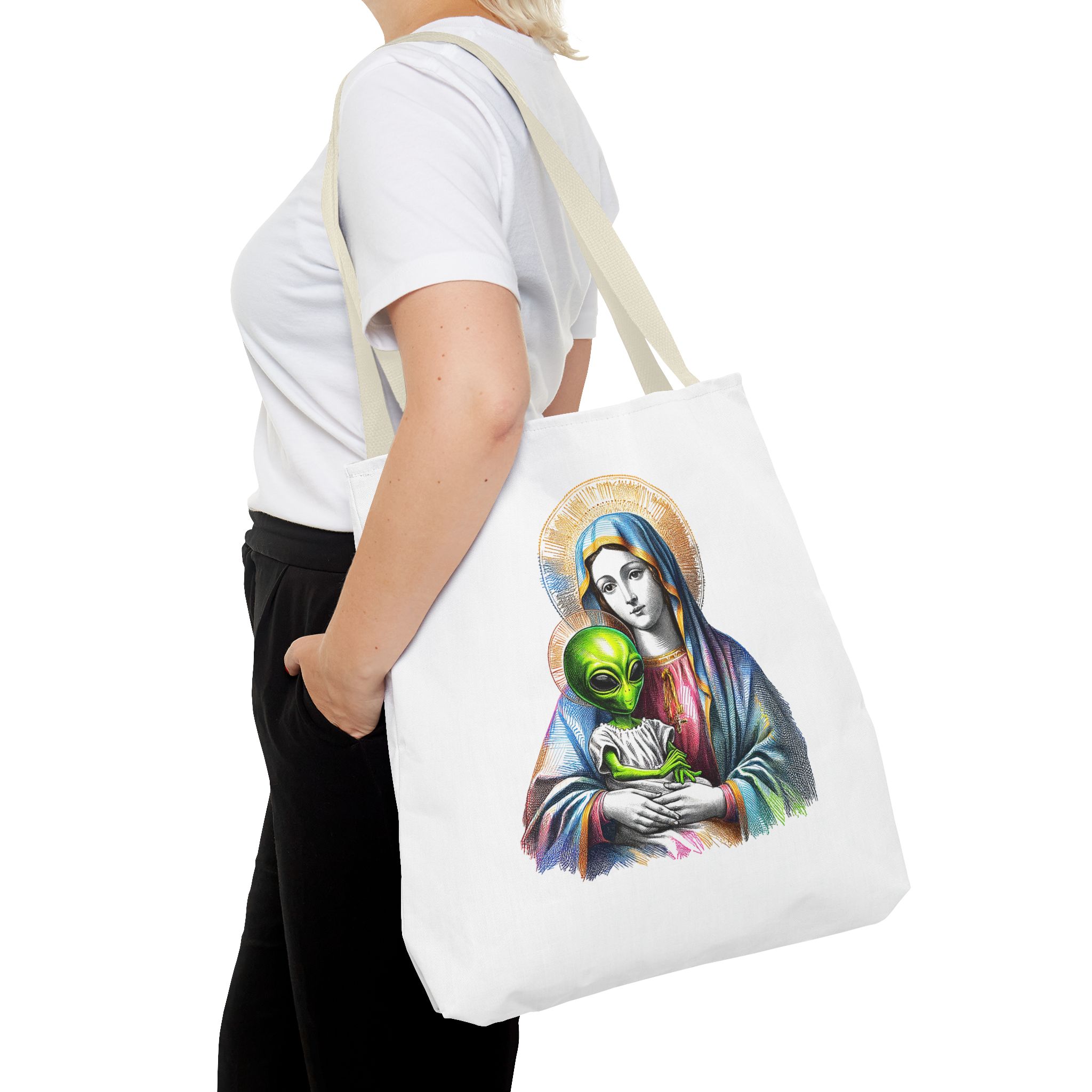 Satiric cute tote bag Boho shoulder bag Alien virgin mary retro shoulder bag fun gift religious design purse unique handbag – Image 24