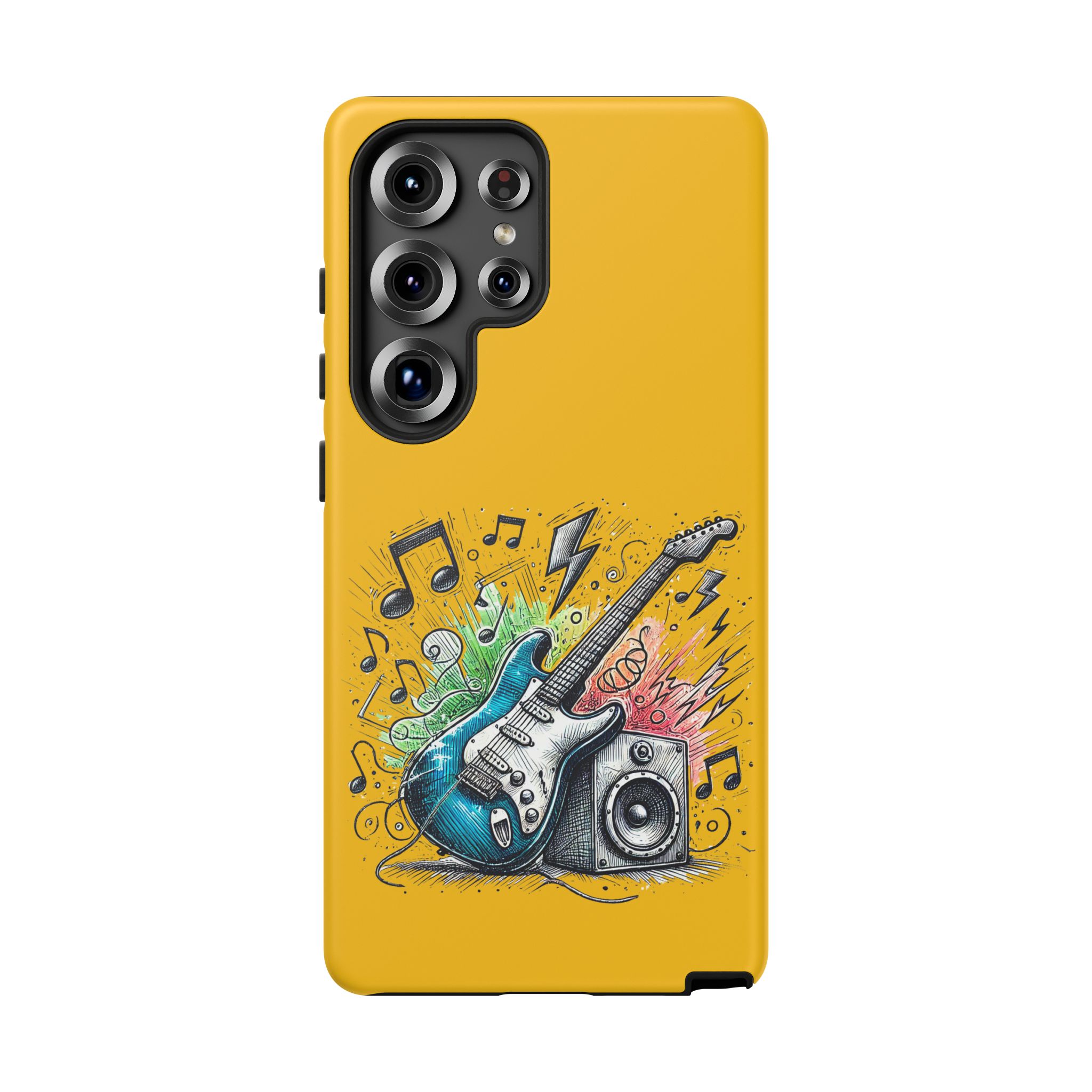 Yellow phone case featuring a blue electric guitar, speaker, and musical notes in a colorful design.