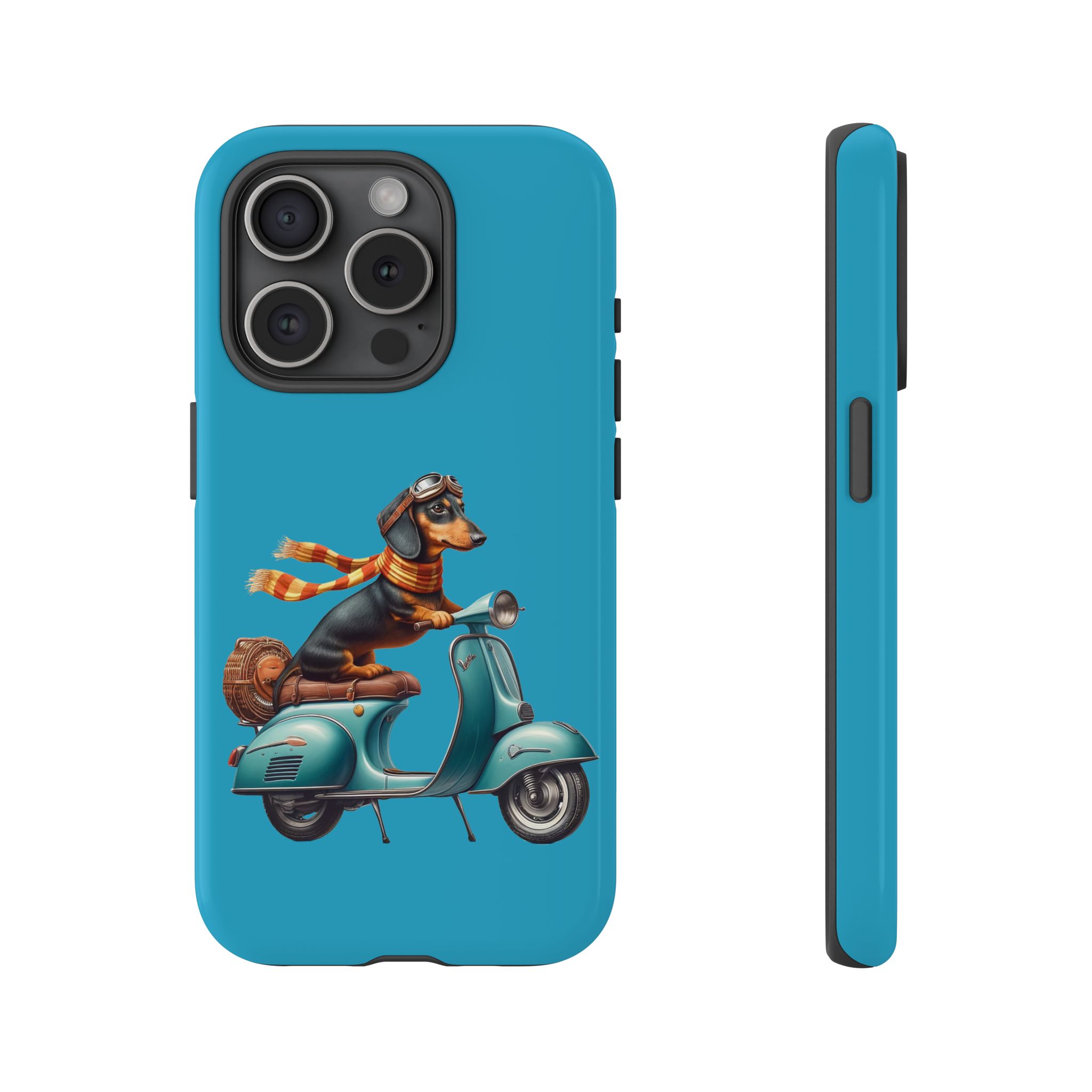 Phone case featuring a dachshund wearing goggles and a scarf riding a vintage scooter.