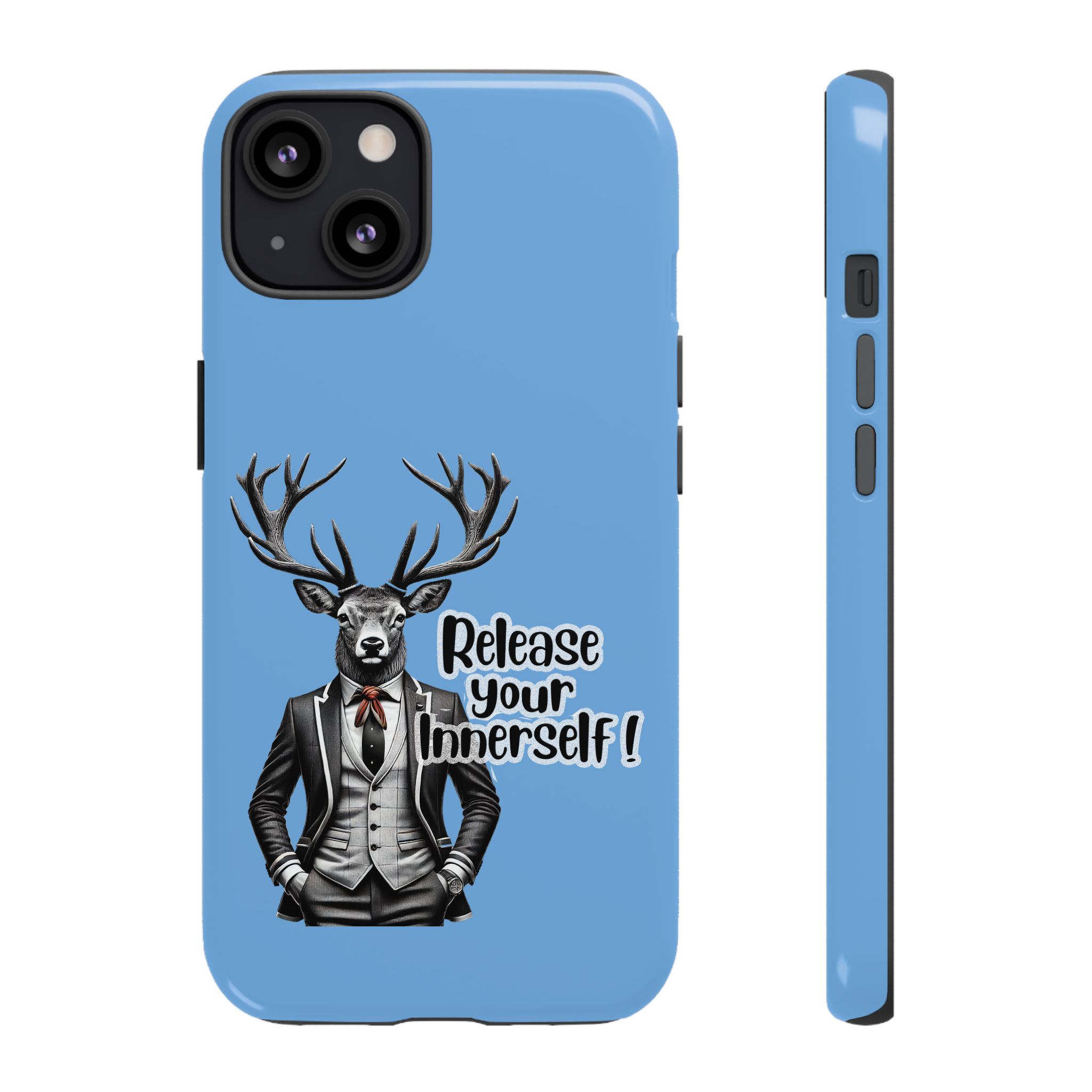 Blue phone case featuring a deer in a tuxedo with the text 'Release your Innerself'.