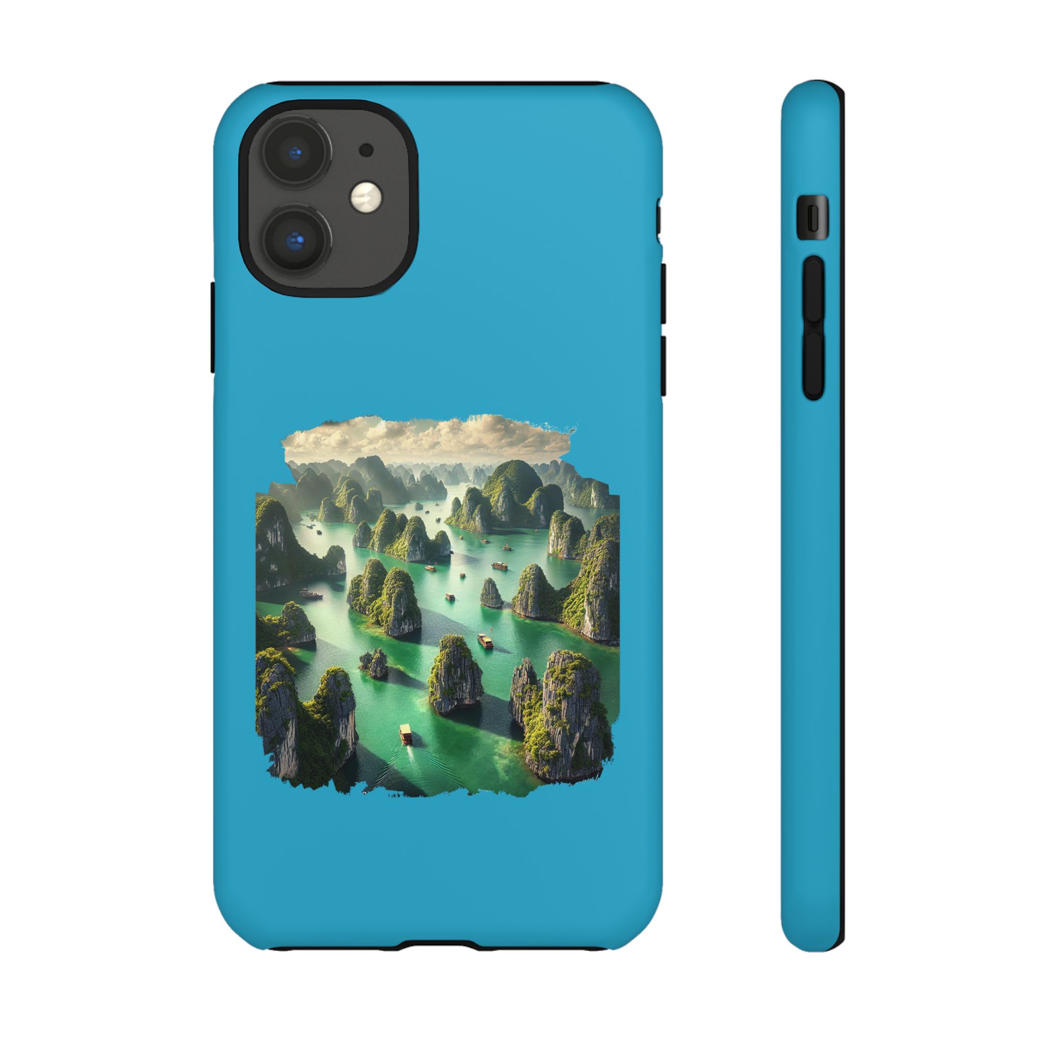 Phone case featuring a landscape design with mountains and water in a vibrant blue color.