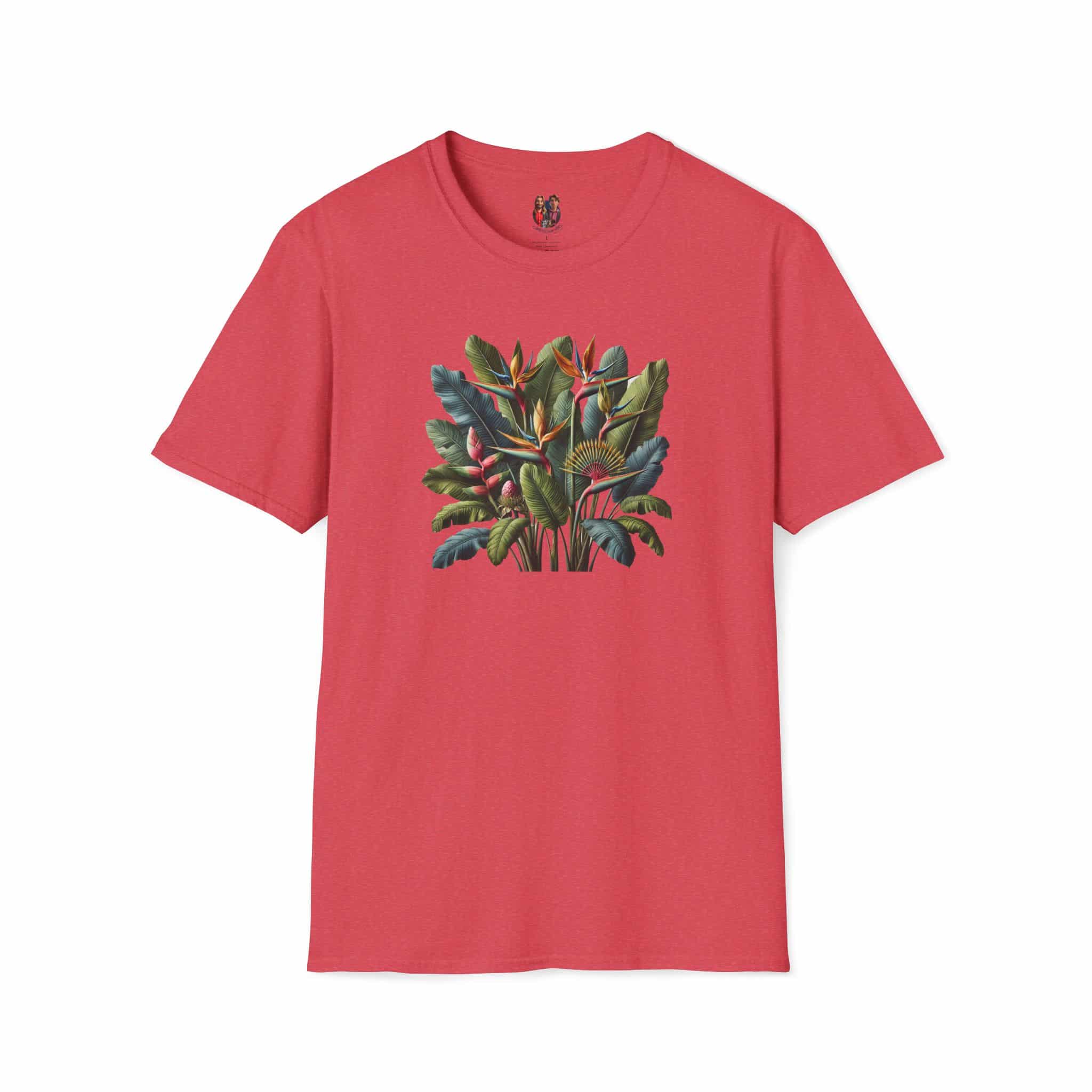 Red T-shirt featuring a graphic design of tropical leaves in various shades of green.