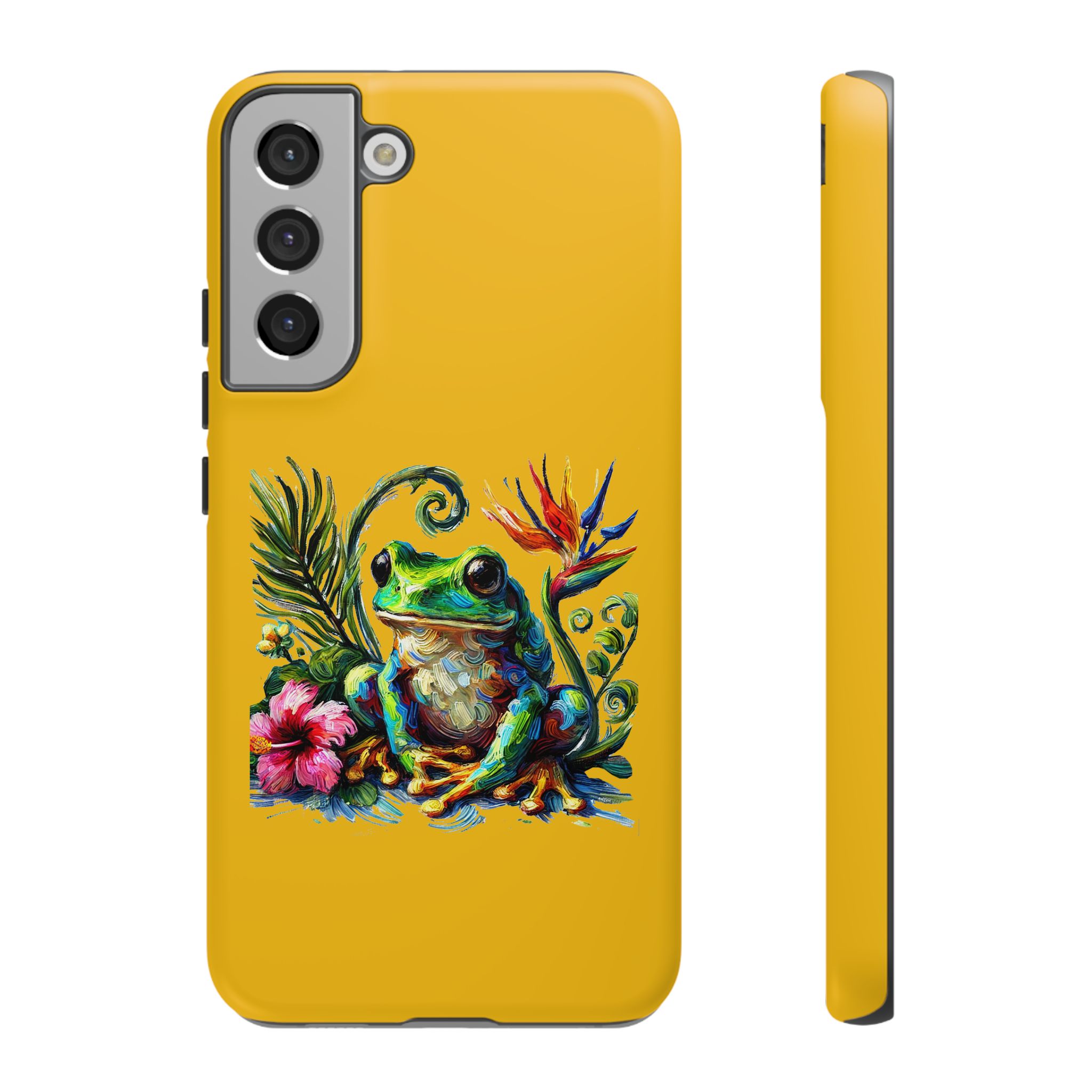 Phone case featuring a colorful frog design with tropical flowers and foliage on a yellow background.