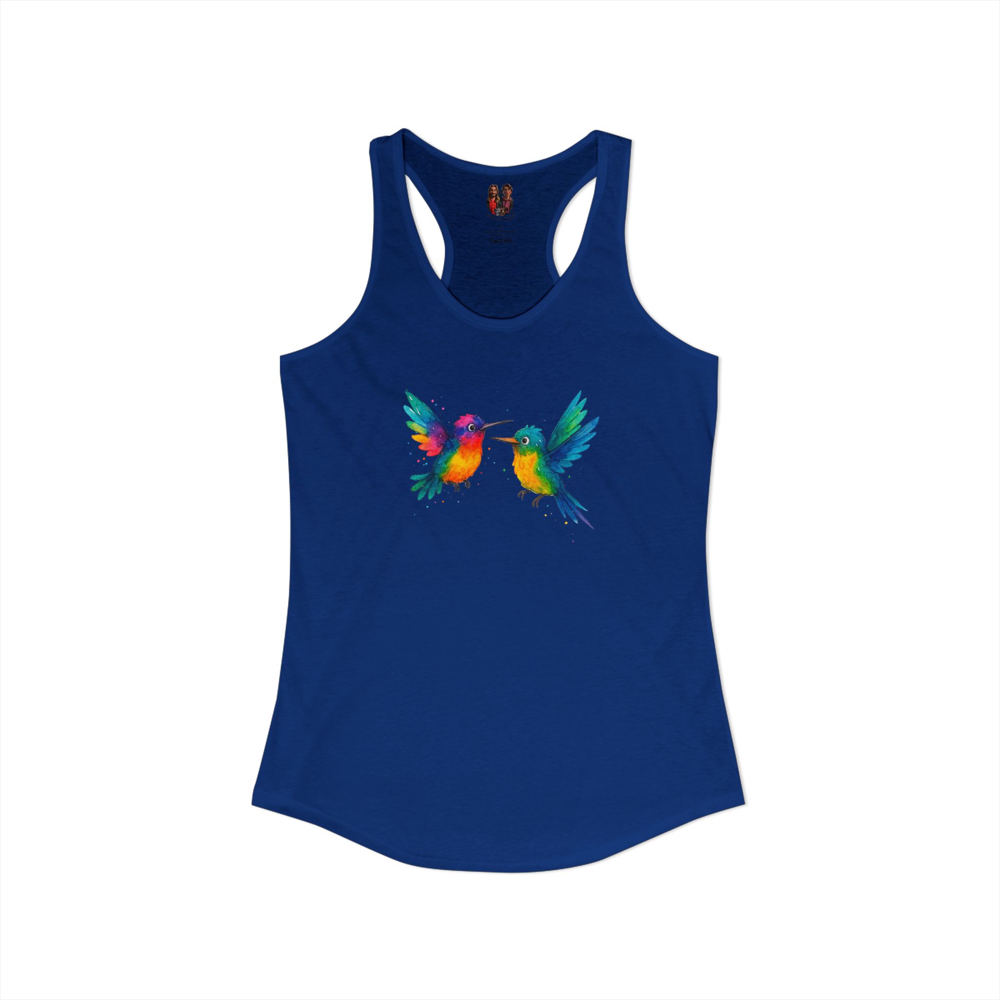 Navy blue tank top featuring a colorful hummingbird design on the front.