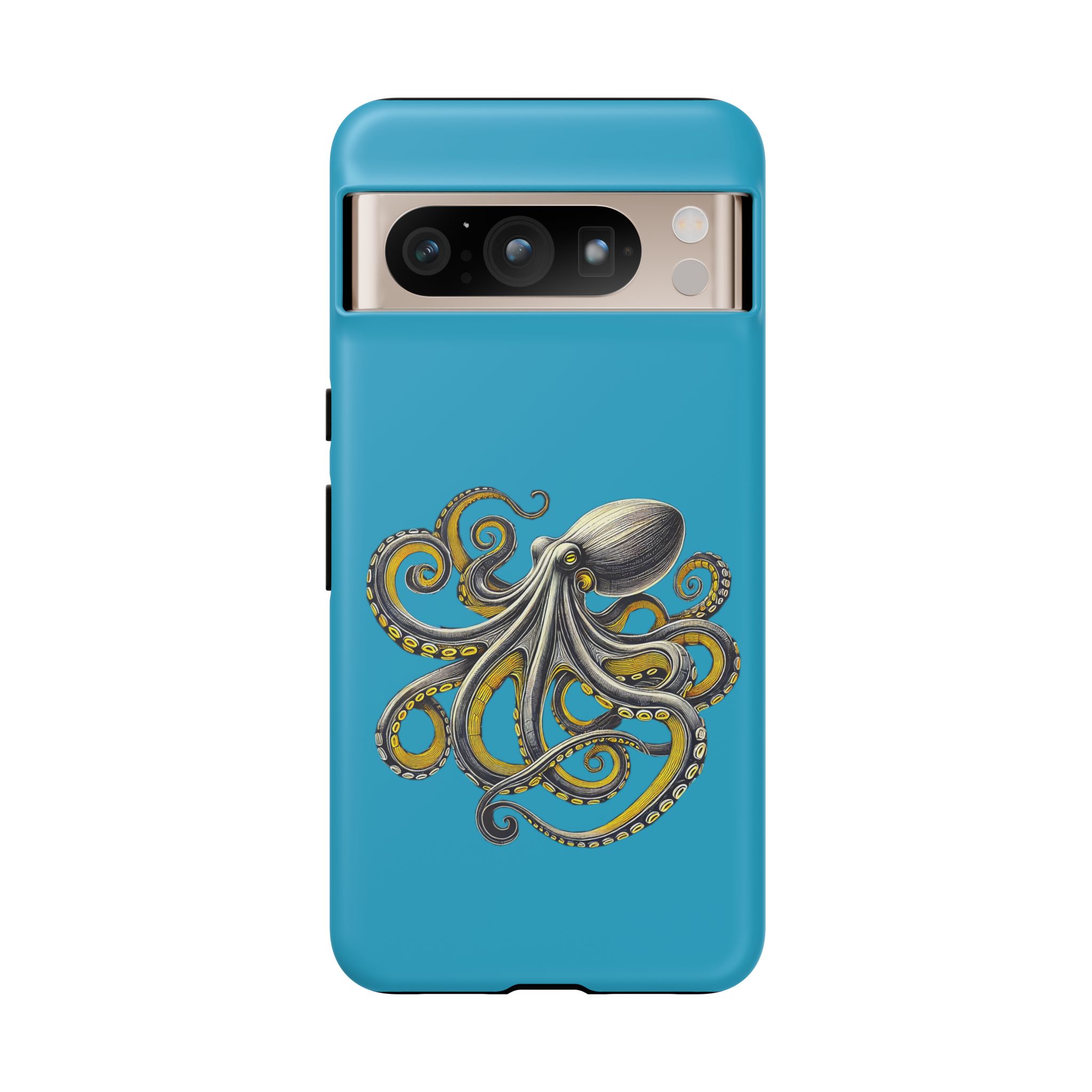 Blue phone case featuring an illustrated octopus design with intricate details.