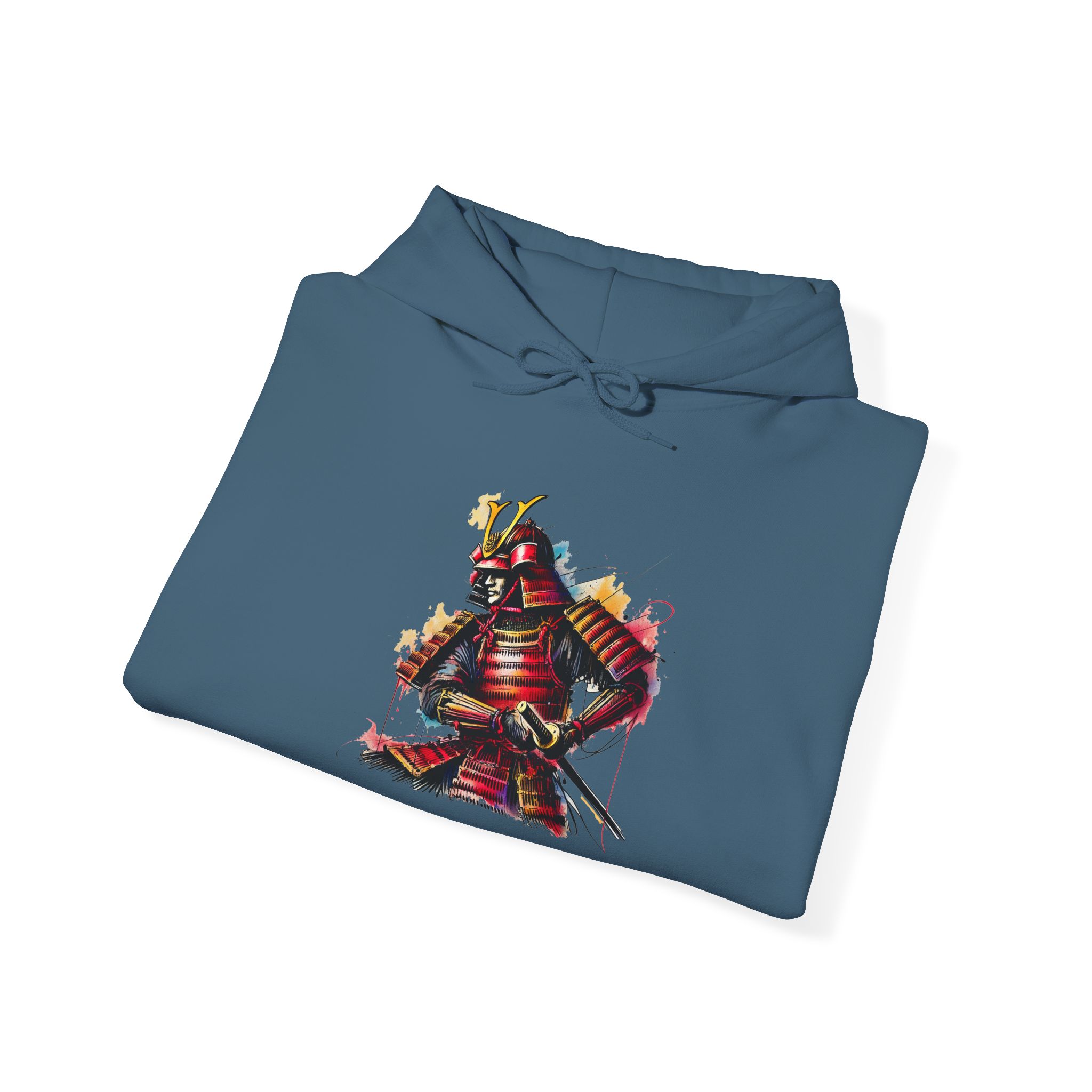 Blue hoodie featuring a graphic design of a samurai in traditional armor with a sword.