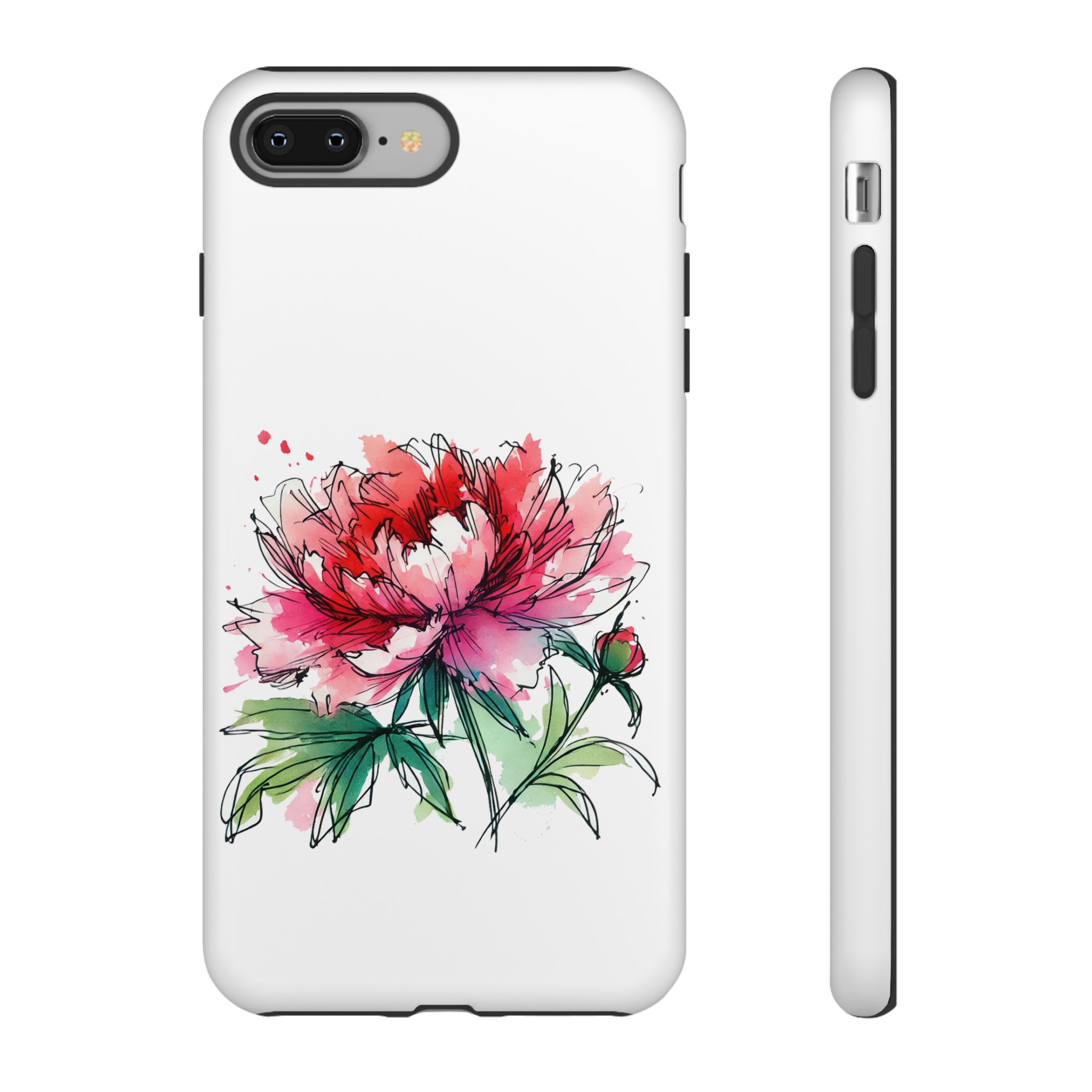 Illustration of a peony flower on a white phone case with a black border.