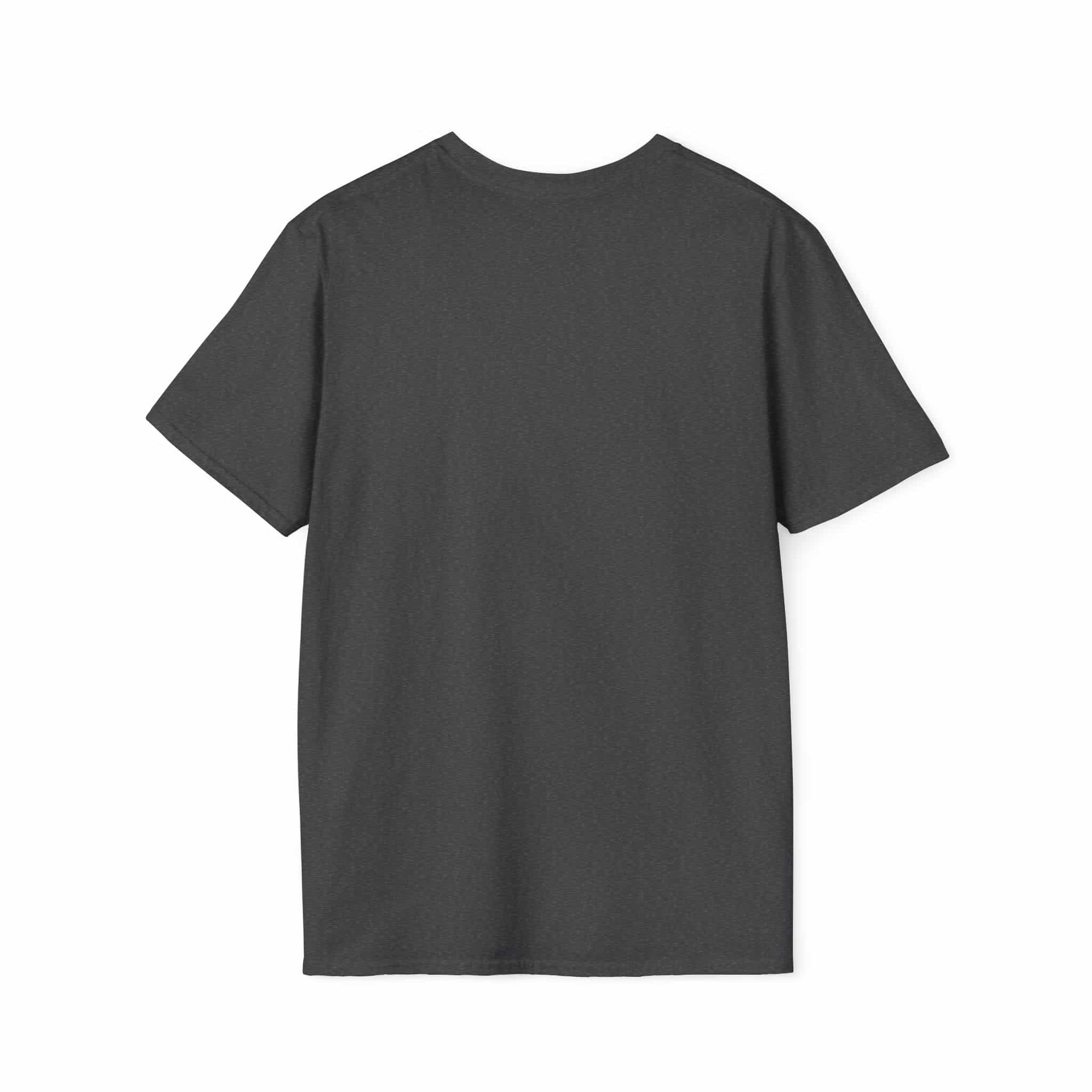 Dark gray short sleeve t-shirt displayed from the back view on a plain background.