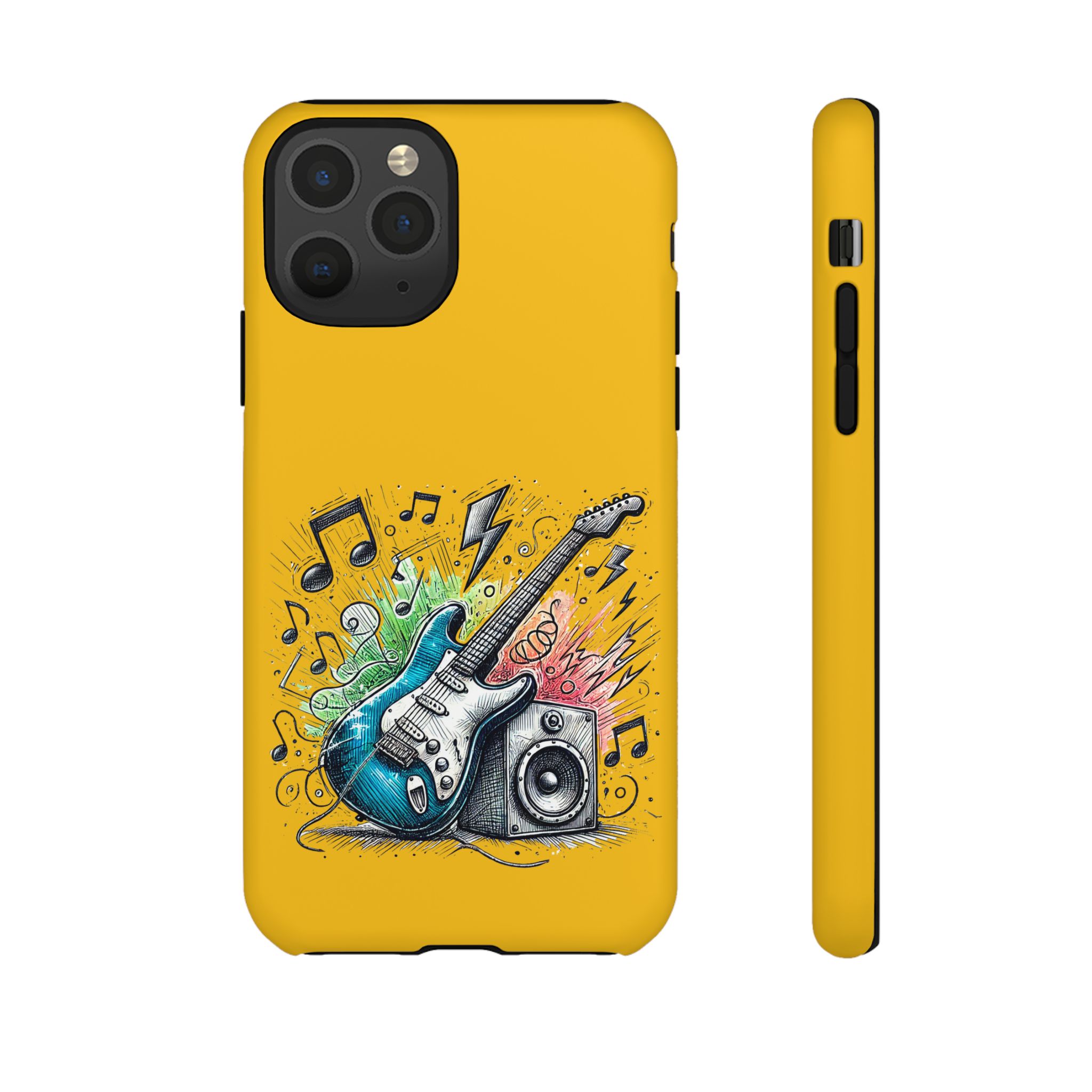 Yellow phone case featuring an illustration of a blue electric guitar and speaker with musical notes.