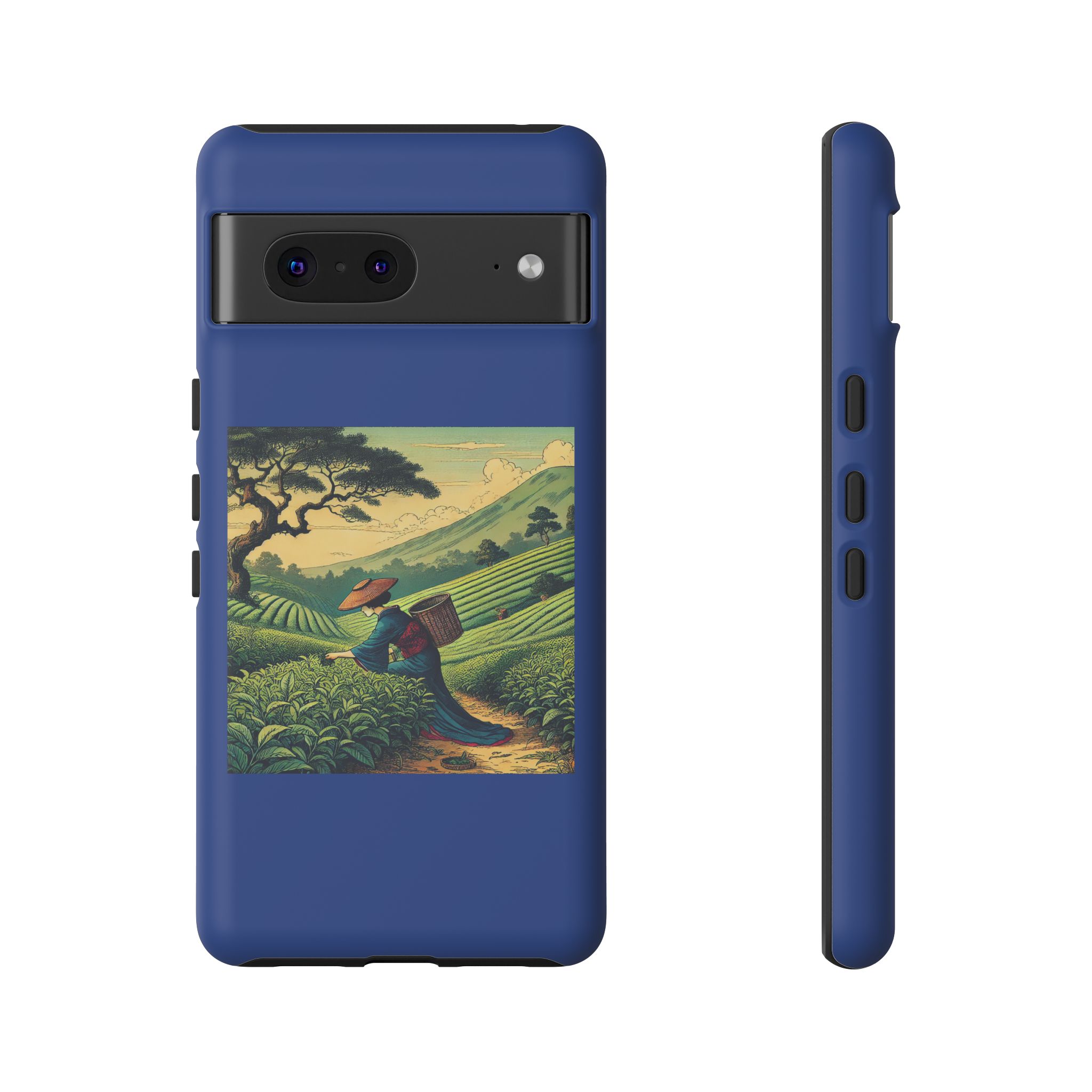 Blue phone case featuring an illustration of a farmer carrying tools in a landscape with hills and trees.