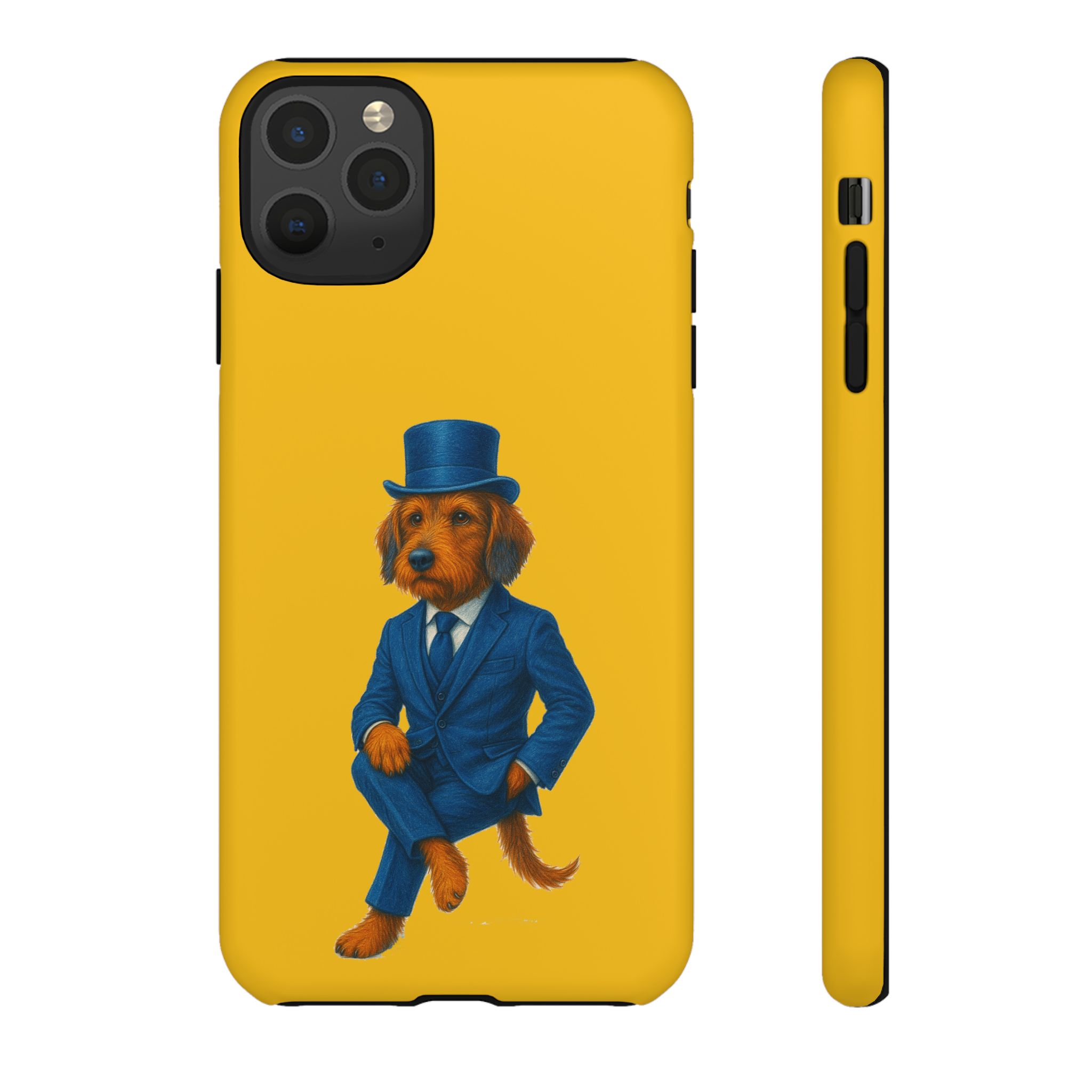 Phone case featuring a dog dressed in a blue suit and top hat against a yellow background.