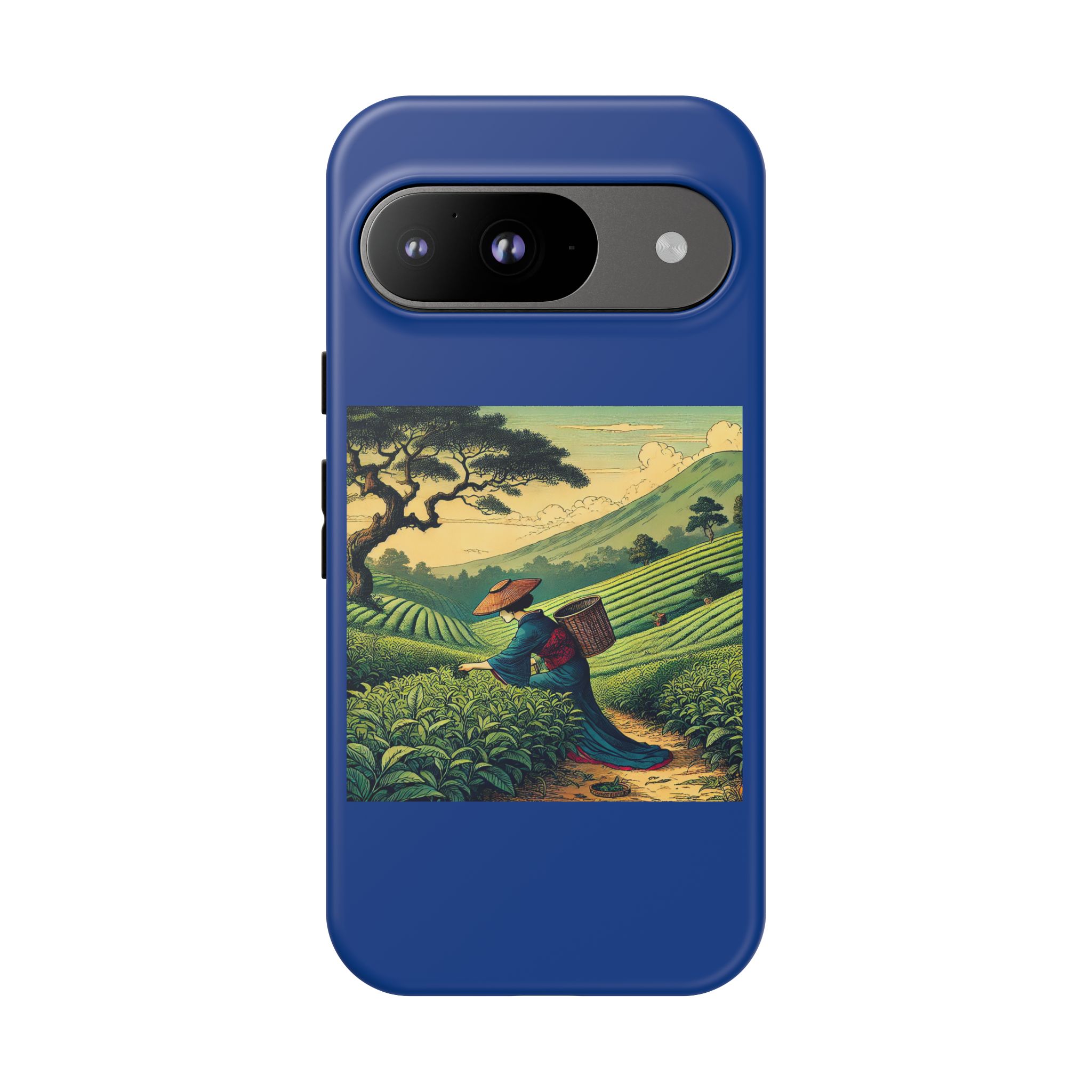 Blue phone case featuring artwork of a tea farmer walking through lush green fields.