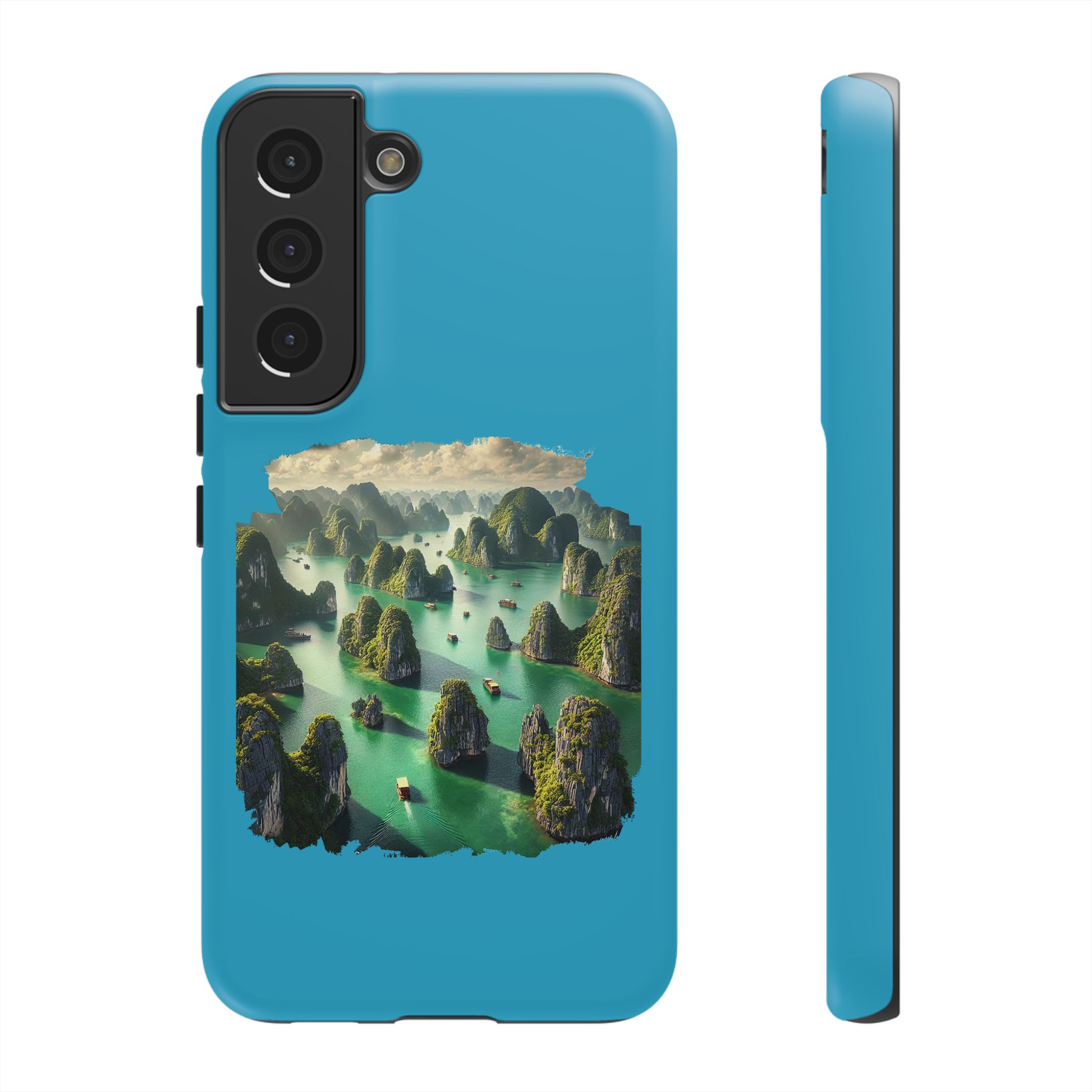 Blue phone case featuring a landscape design with islands and water in a serene setting.