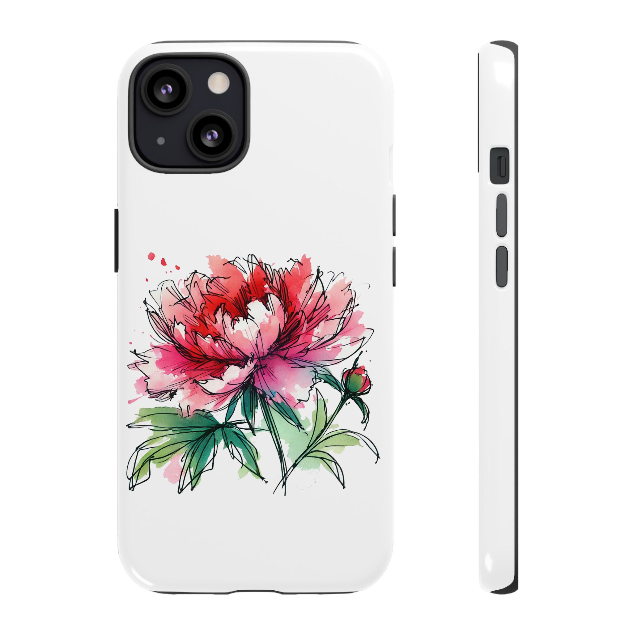 iPhone case featuring a colorful peony flower illustration on a white background.