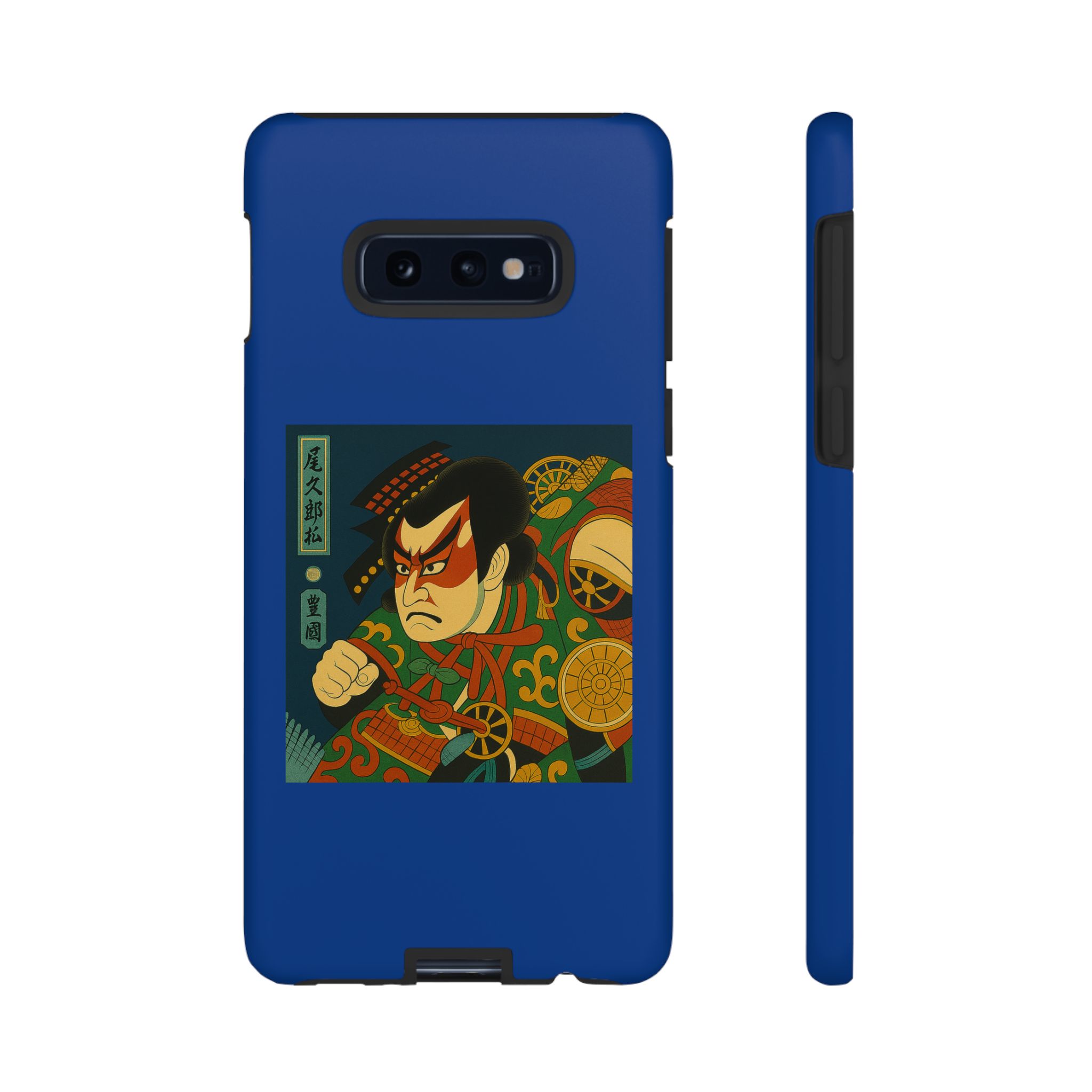 Blue phone case featuring a traditional samurai illustration with vibrant colors and intricate details.