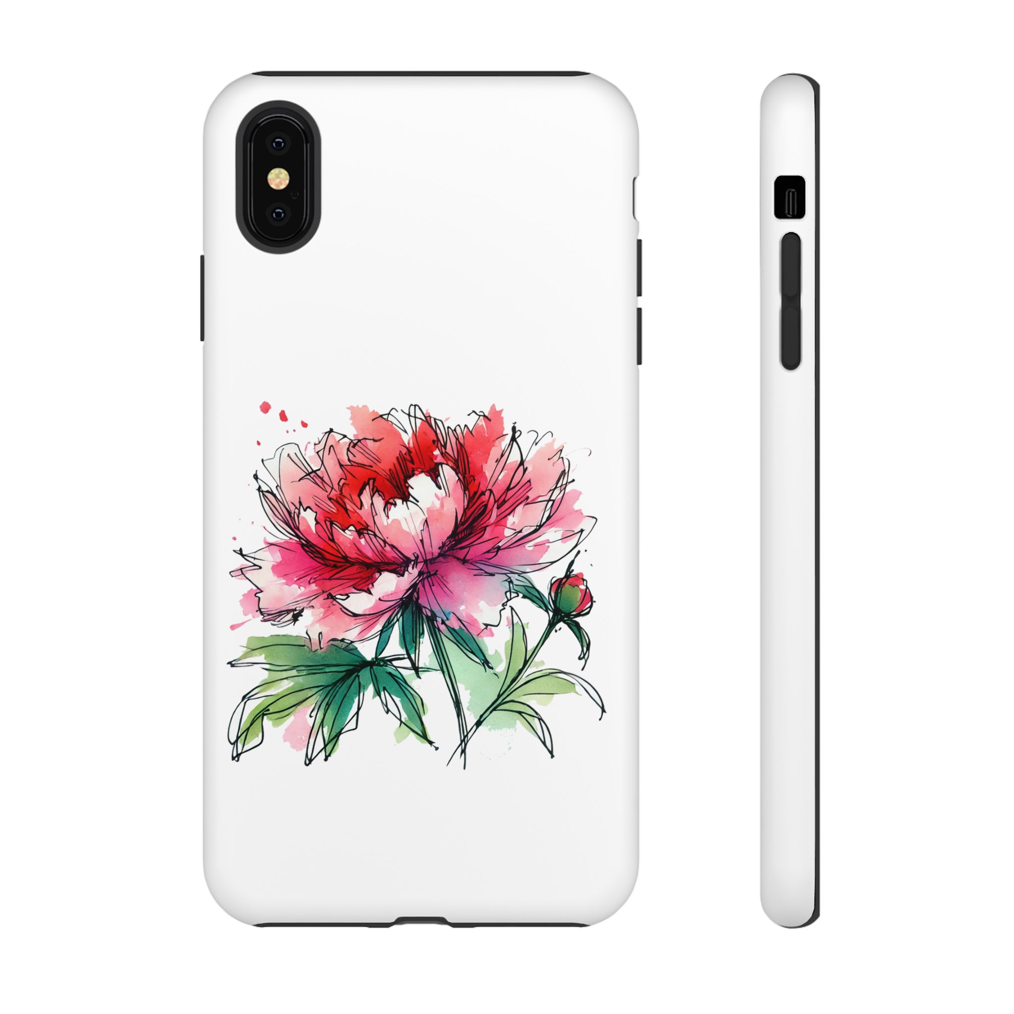 Phone case featuring a hand-drawn peony flower design with pink and green accents.