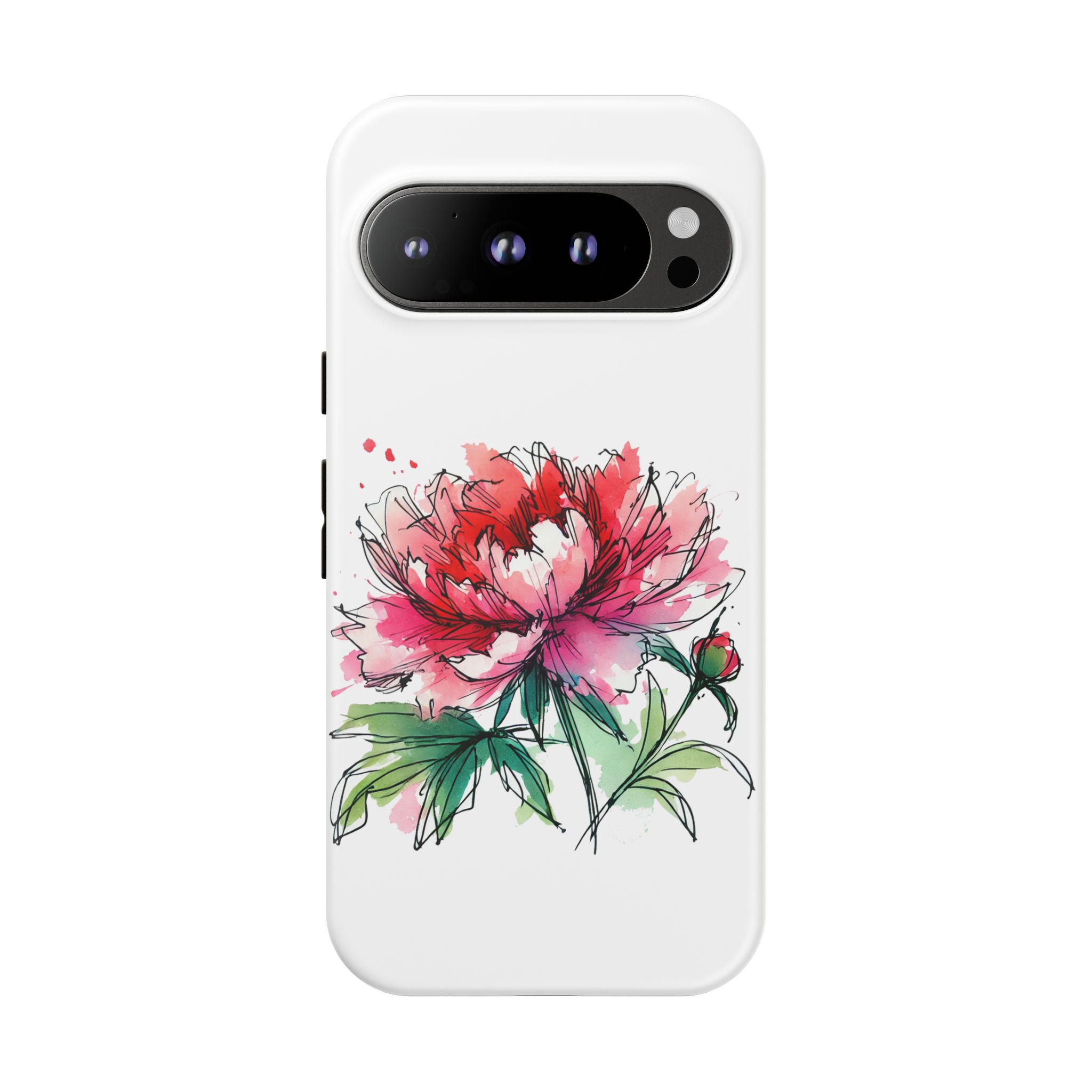 A phone case featuring a colorful illustration of a peony flower with green leaves.