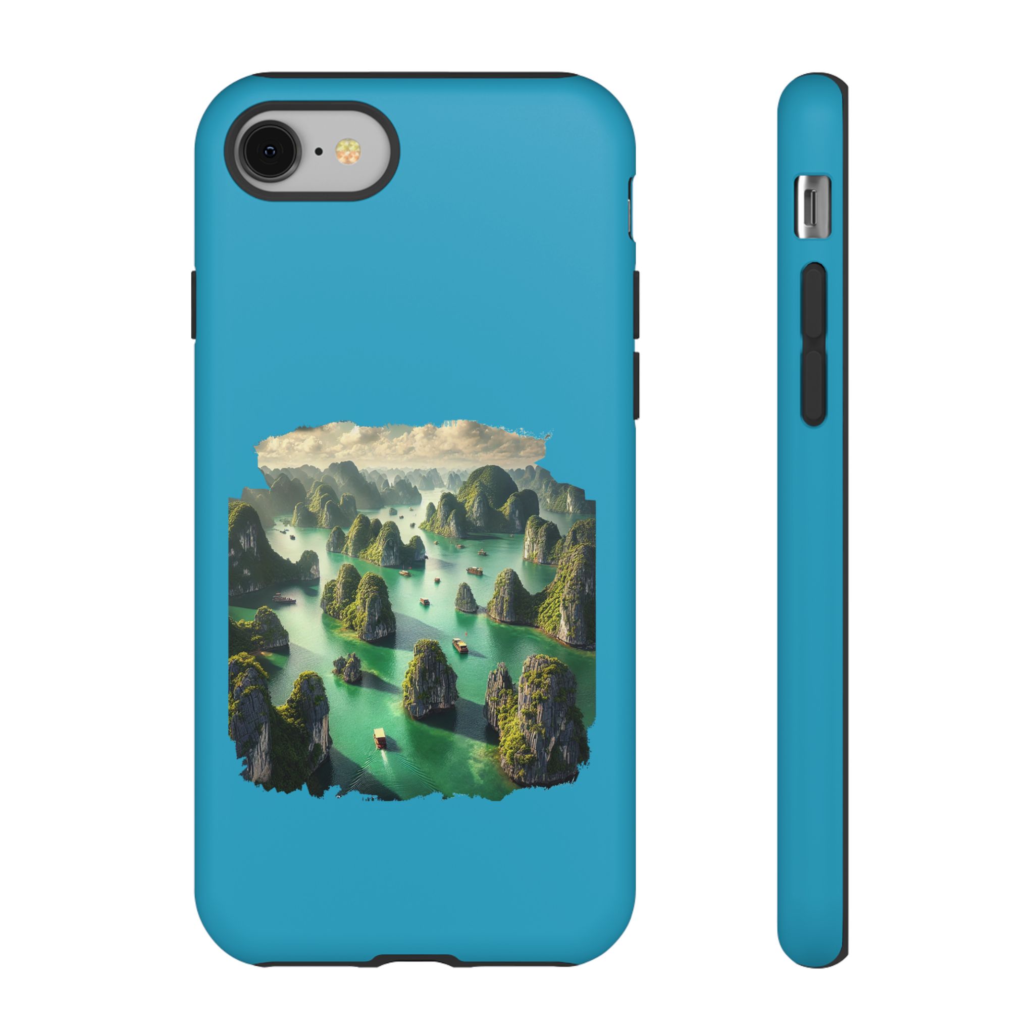 Phone case featuring a scenic landscape with islands and boats in a turquoise body of water.