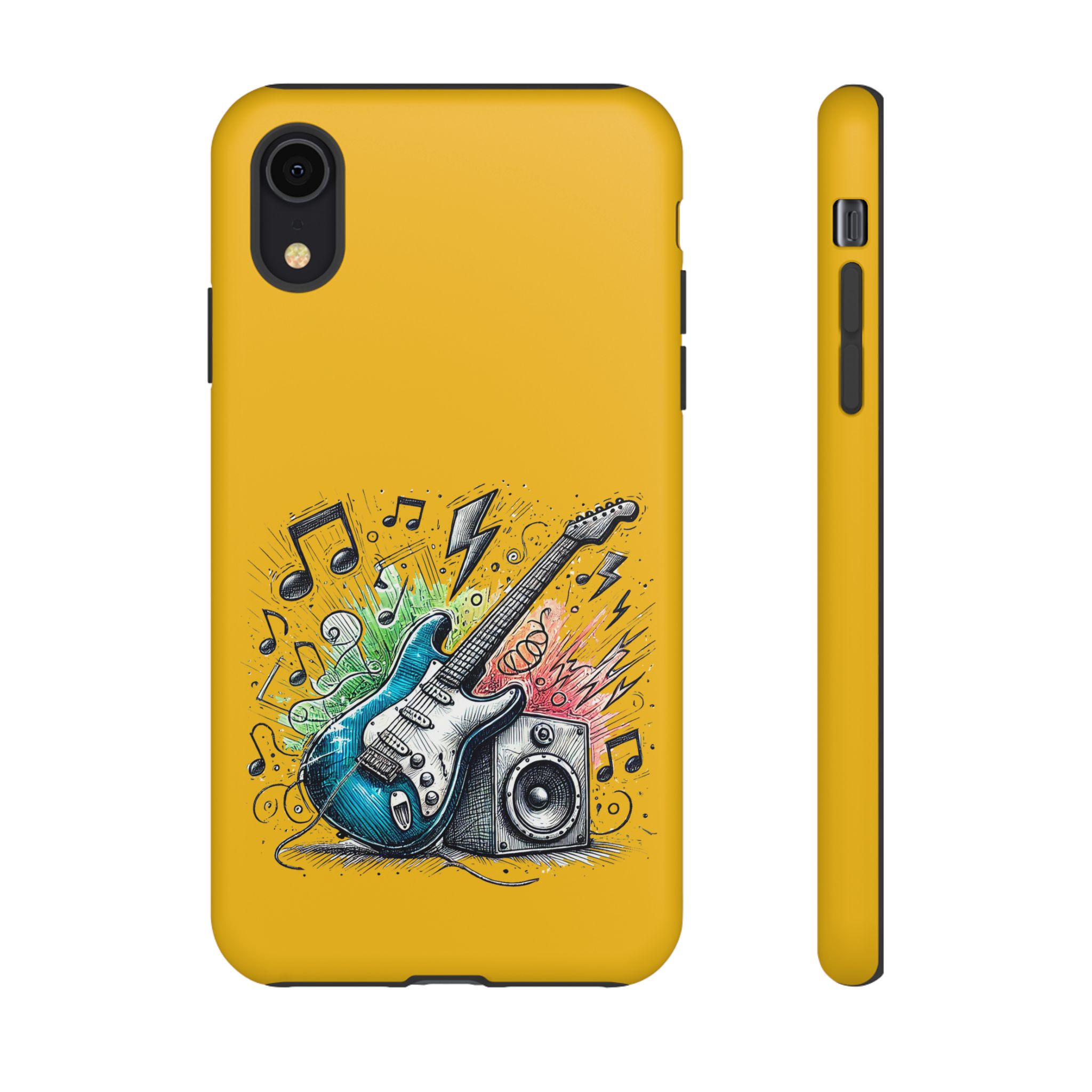 Yellow phone case featuring a blue electric guitar and music notes with a speaker.