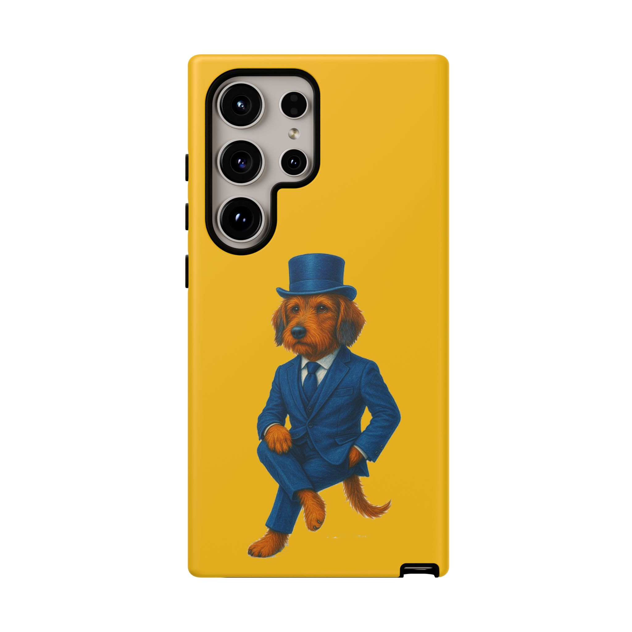 A dog wearing a blue suit and top hat against a yellow background.