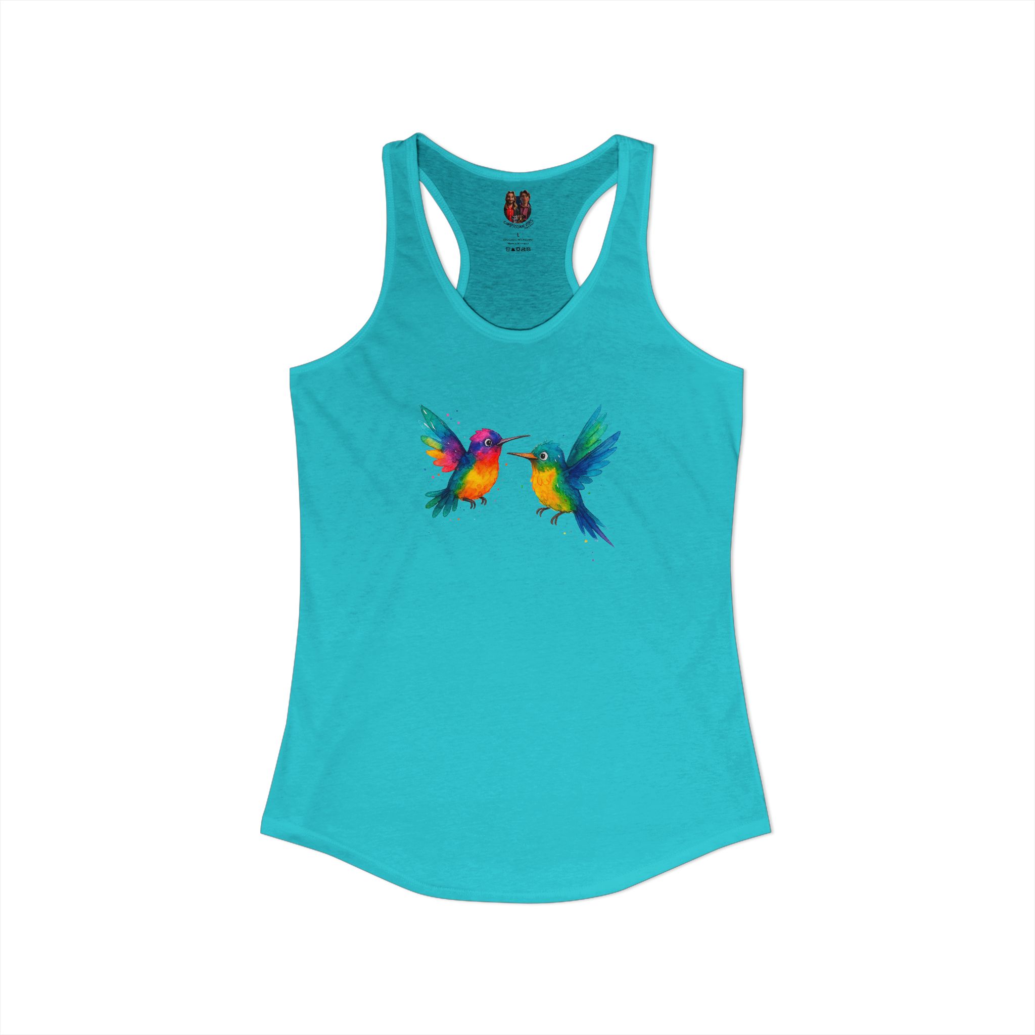 Turquoise tank top featuring a colorful hummingbird design on the front.