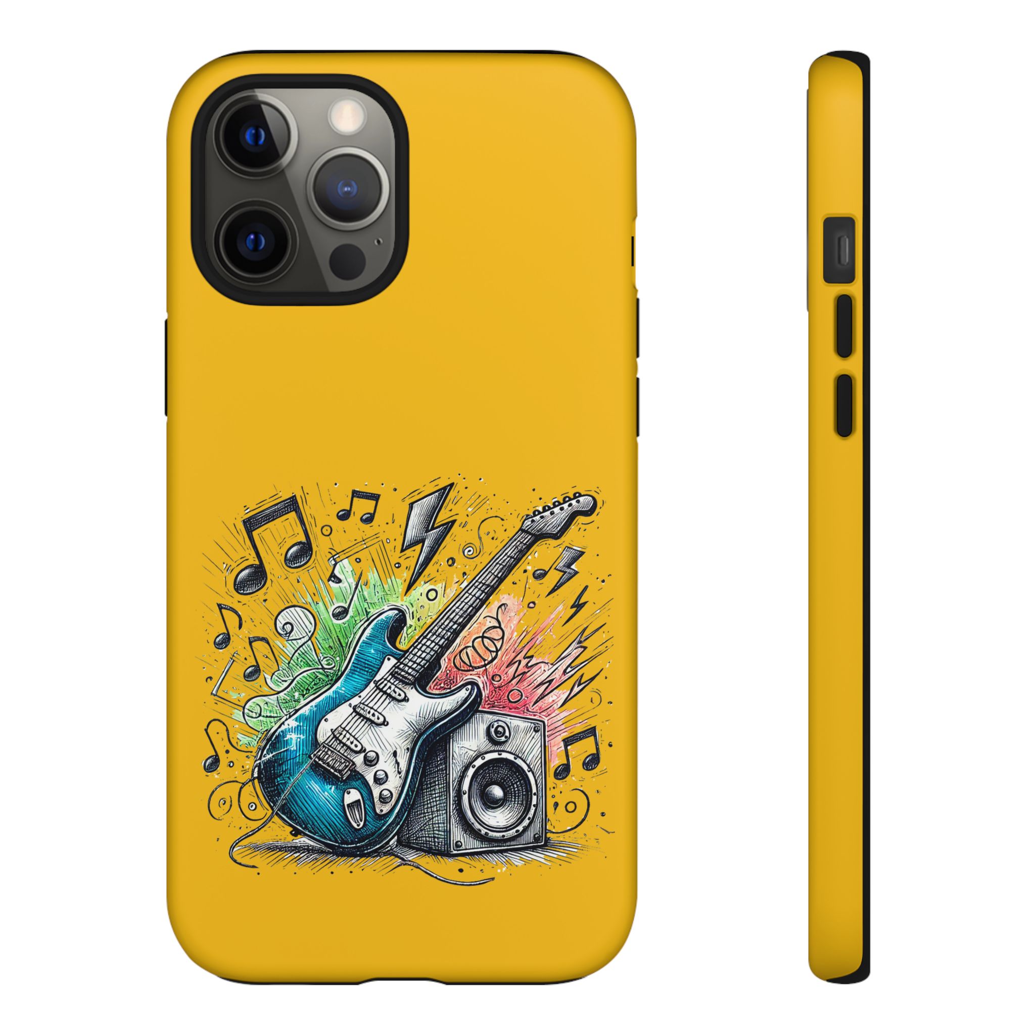 Yellow phone case featuring a blue electric guitar and a speaker with musical notes and lightning bolts.
