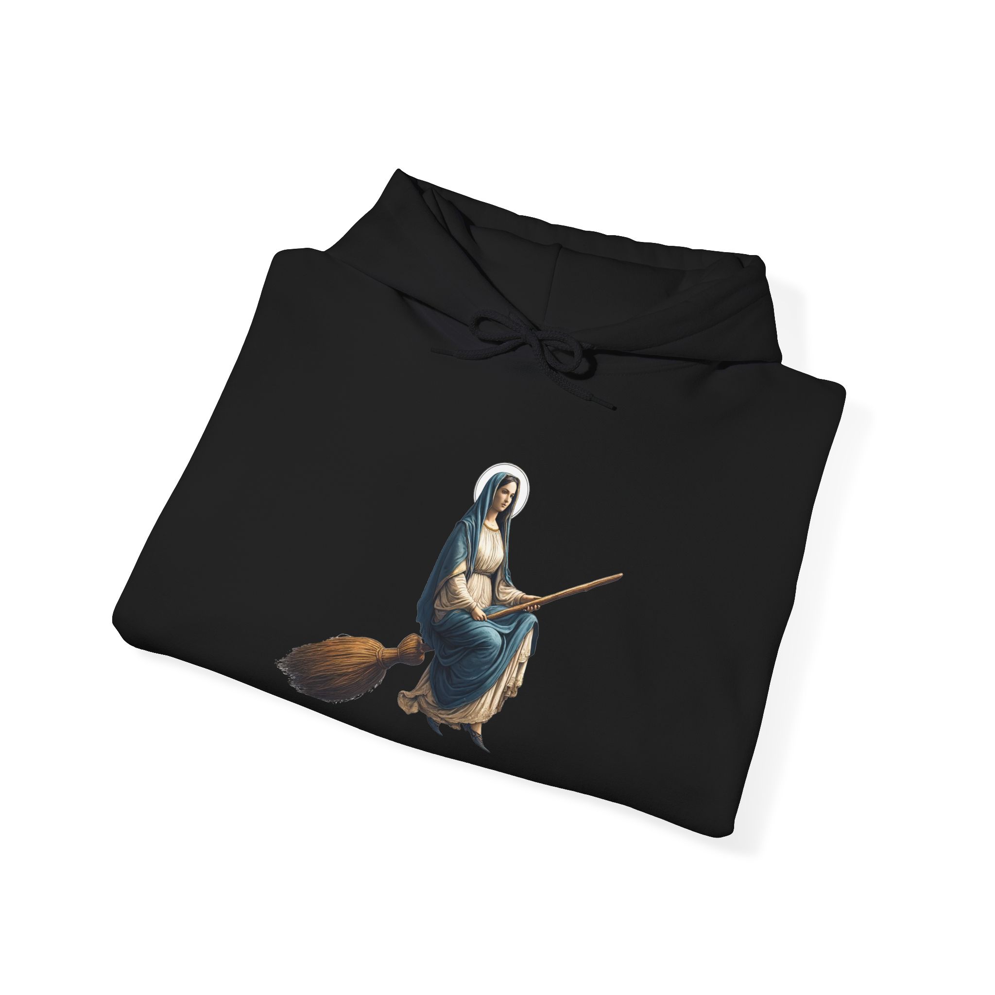 Black hoodie featuring an artistic design of a woman riding a broomstick, wearing a blue dress and a white headscarf.