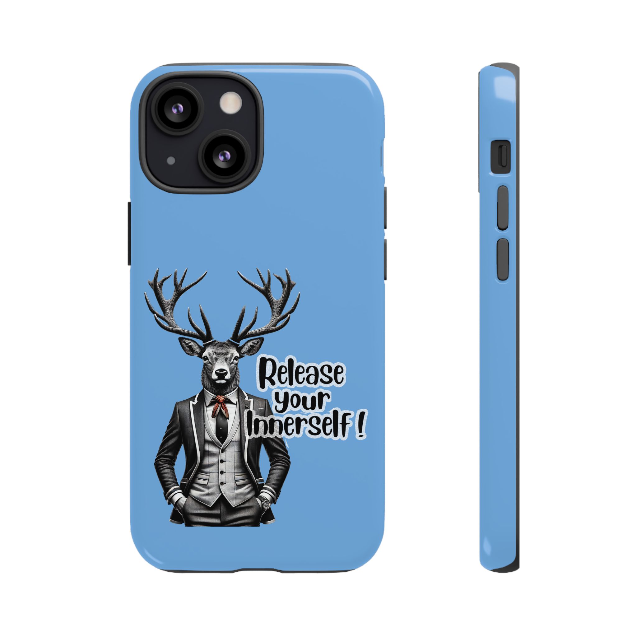 Blue phone case featuring a deer in a suit with the text 'Release your Innermost self'.