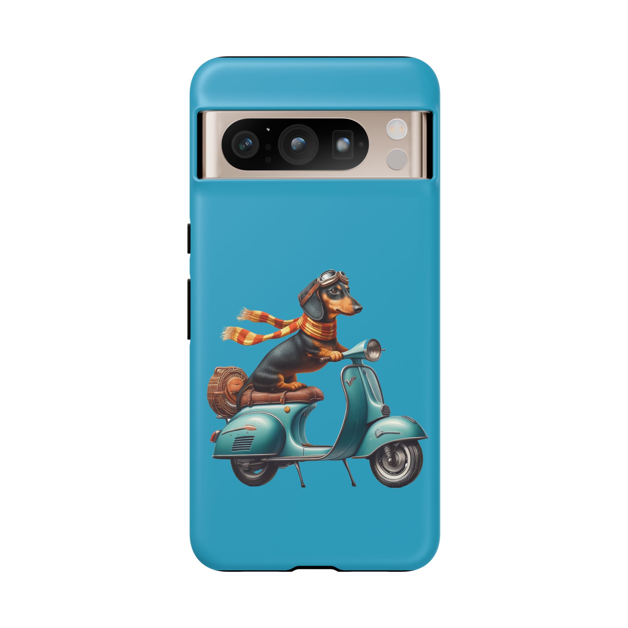 A dachshund wearing goggles and a scarf riding a vintage scooter on a blue phone case.