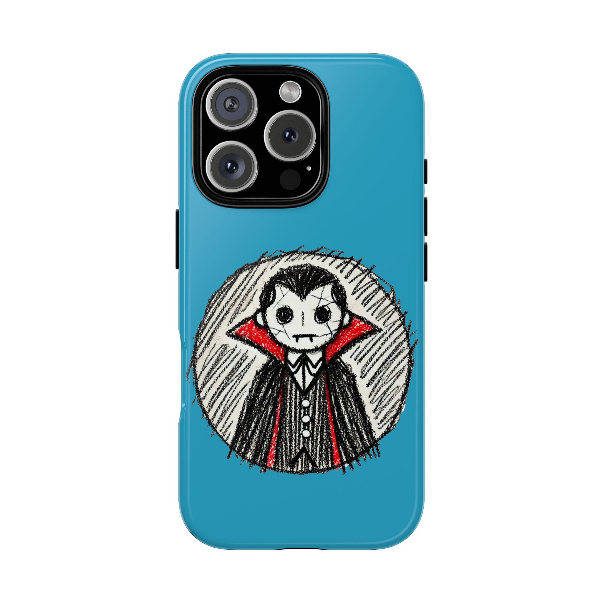 Phone case featuring a cartoon vampire character with a blue background and a circular design.