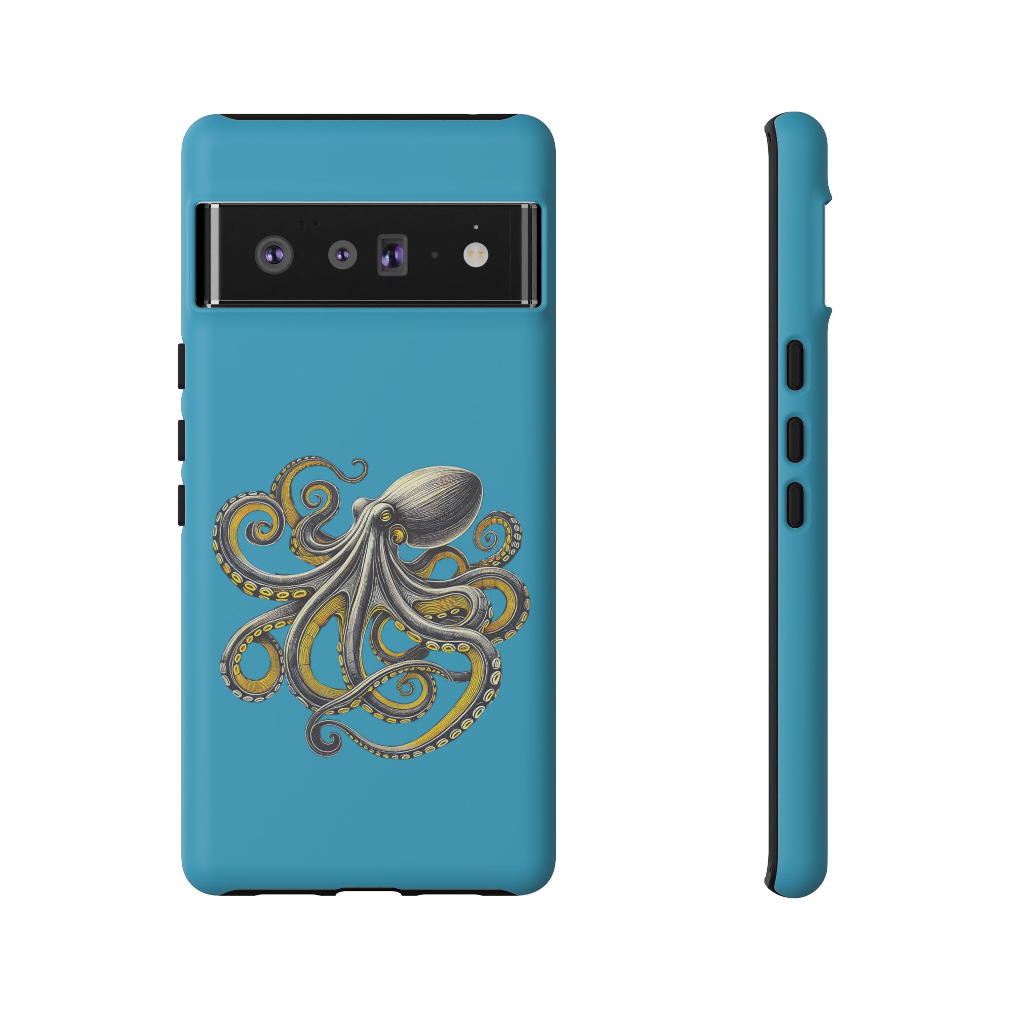 Phone case with an octopus design on a blue background, showcasing intricate details.
