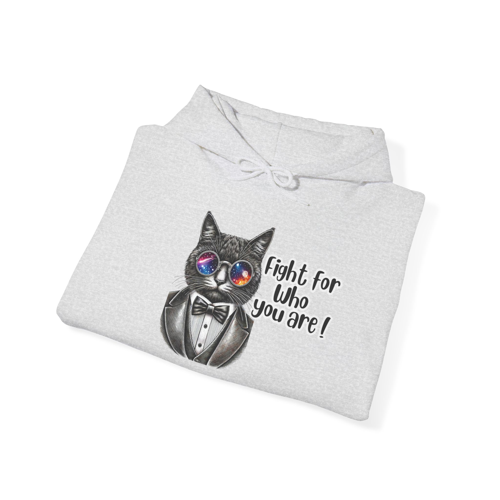 Gray hoodie featuring a cat wearing glasses and a tuxedo with the text 'Fight for who you are!'