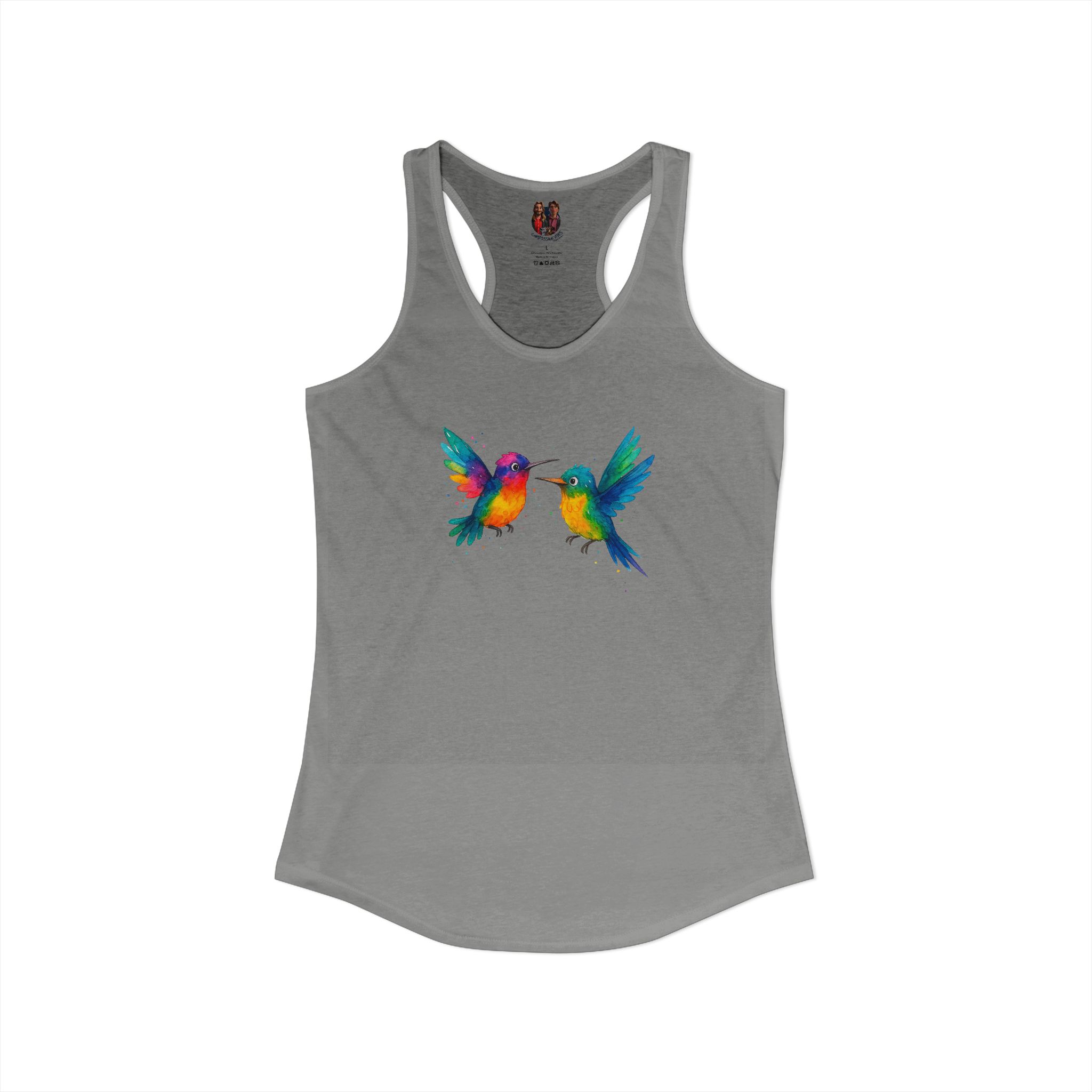 Gray tank top featuring a vibrant design of two colorful hummingbirds in flight.
