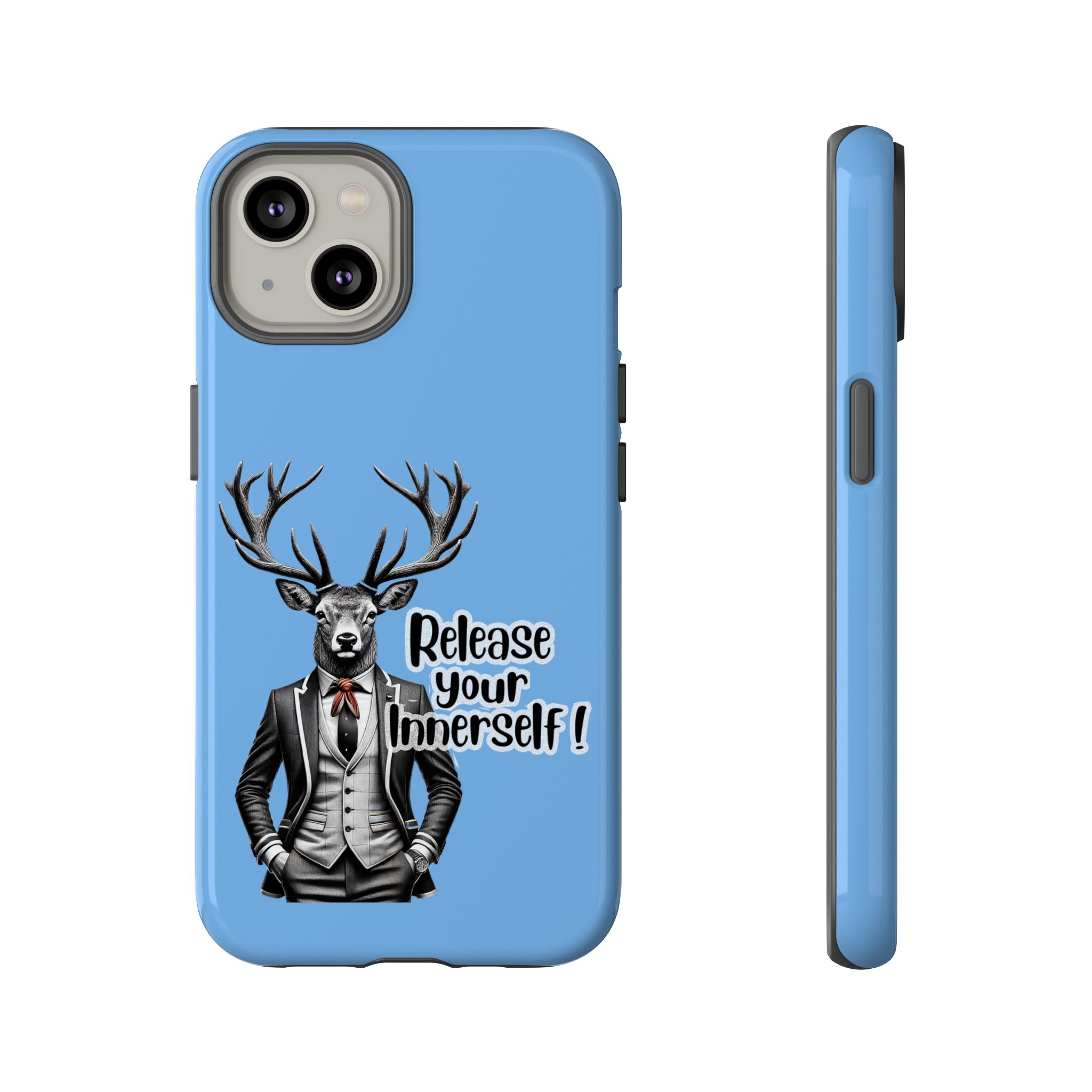 Blue phone case featuring a deer in a suit with the text 'Release your innerself'.