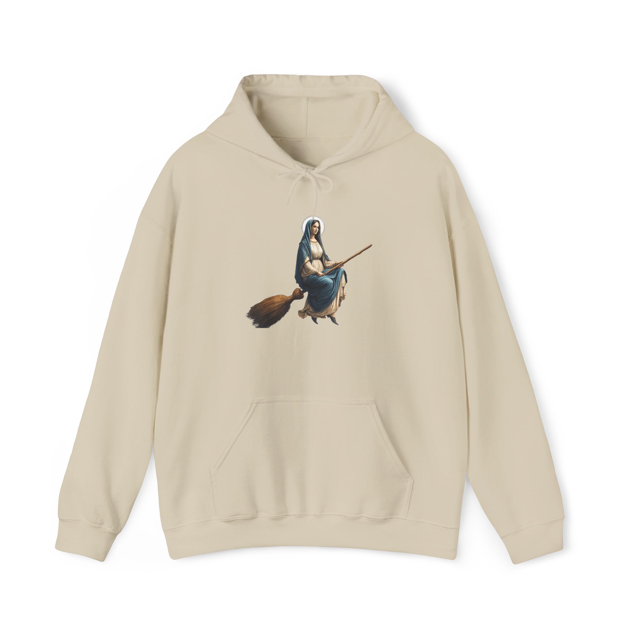 A beige hooded sweatshirt featuring an illustration of a woman riding a broomstick.