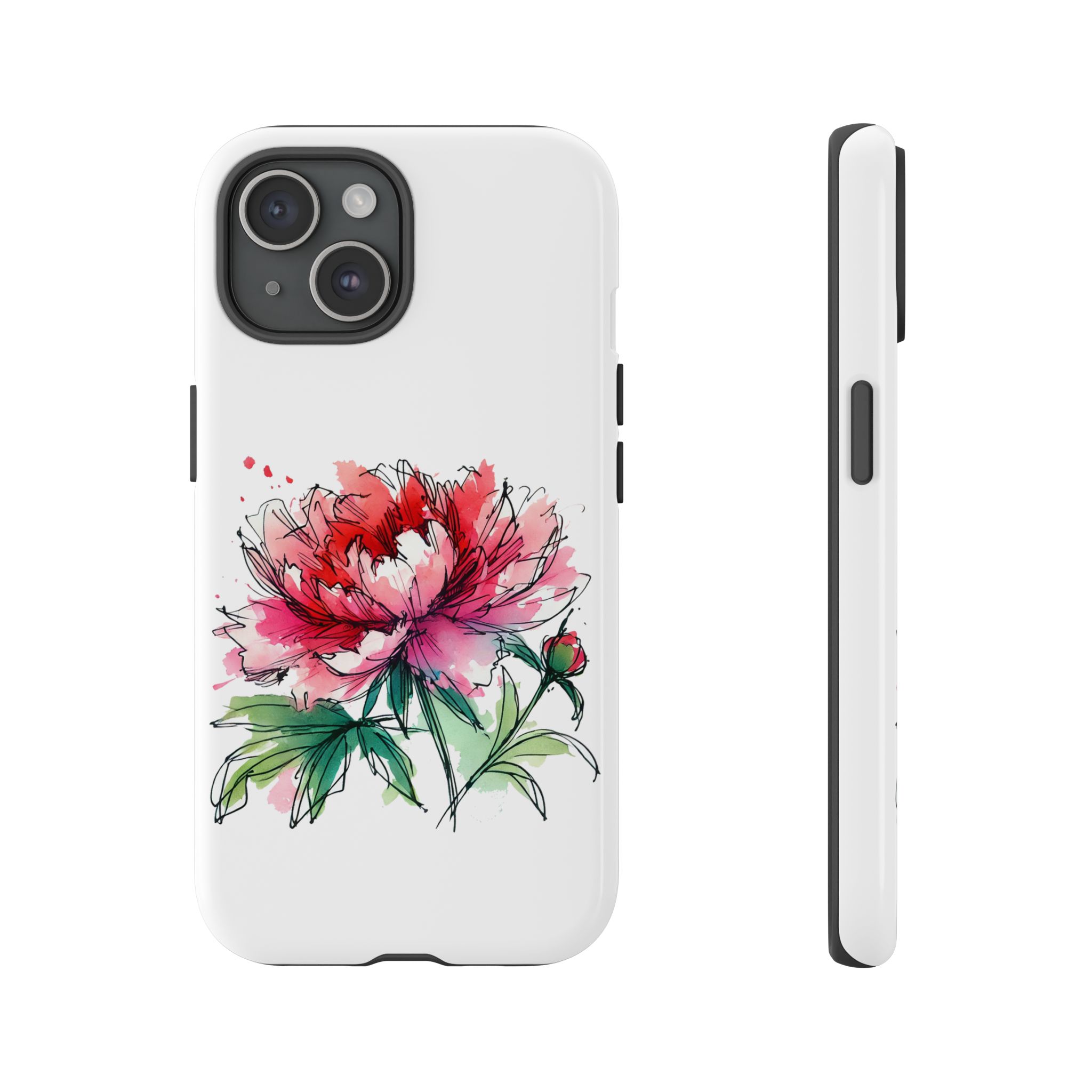 Phone case featuring a hand-drawn peony flower design in red and pink colors.