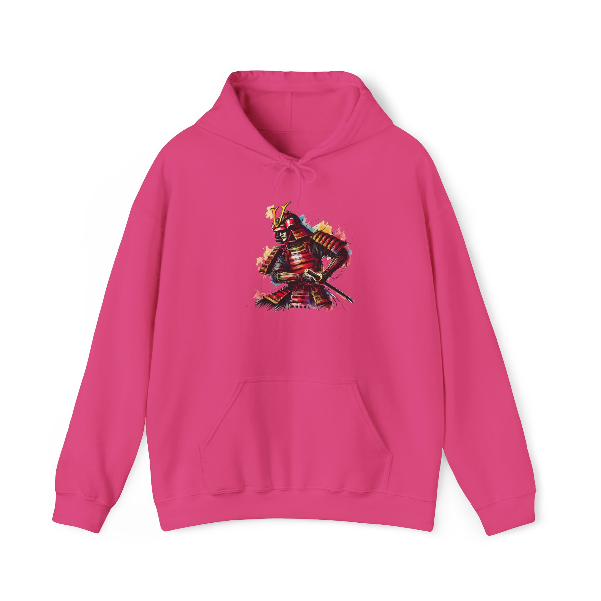 Pink hoodie featuring a colorful graphic of a samurai warrior in traditional armor.
