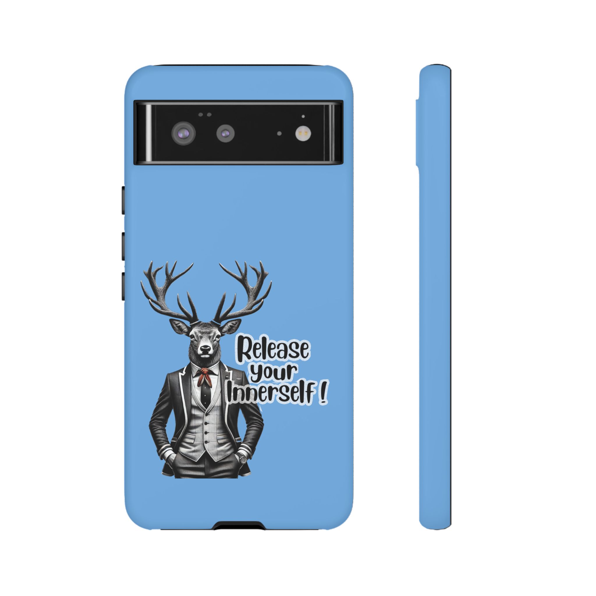 Blue phone case featuring a deer in a suit with the text 'Release your InnerSelf!'
