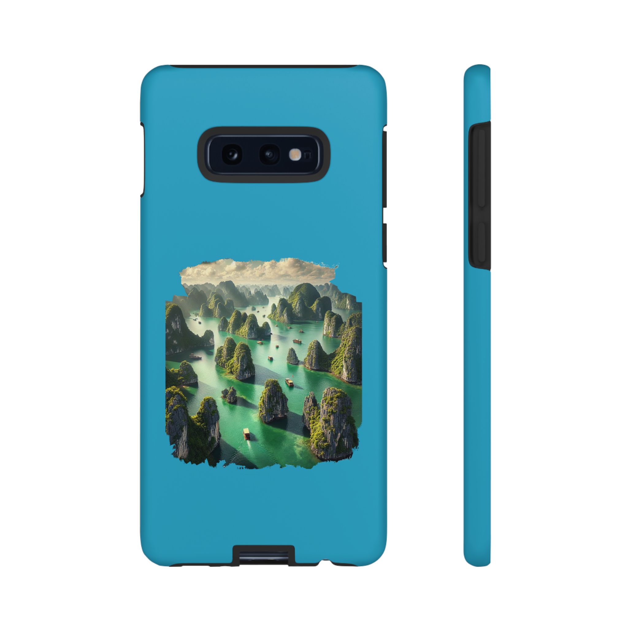 Blue phone case featuring a landscape design with islands and boats in a body of water.