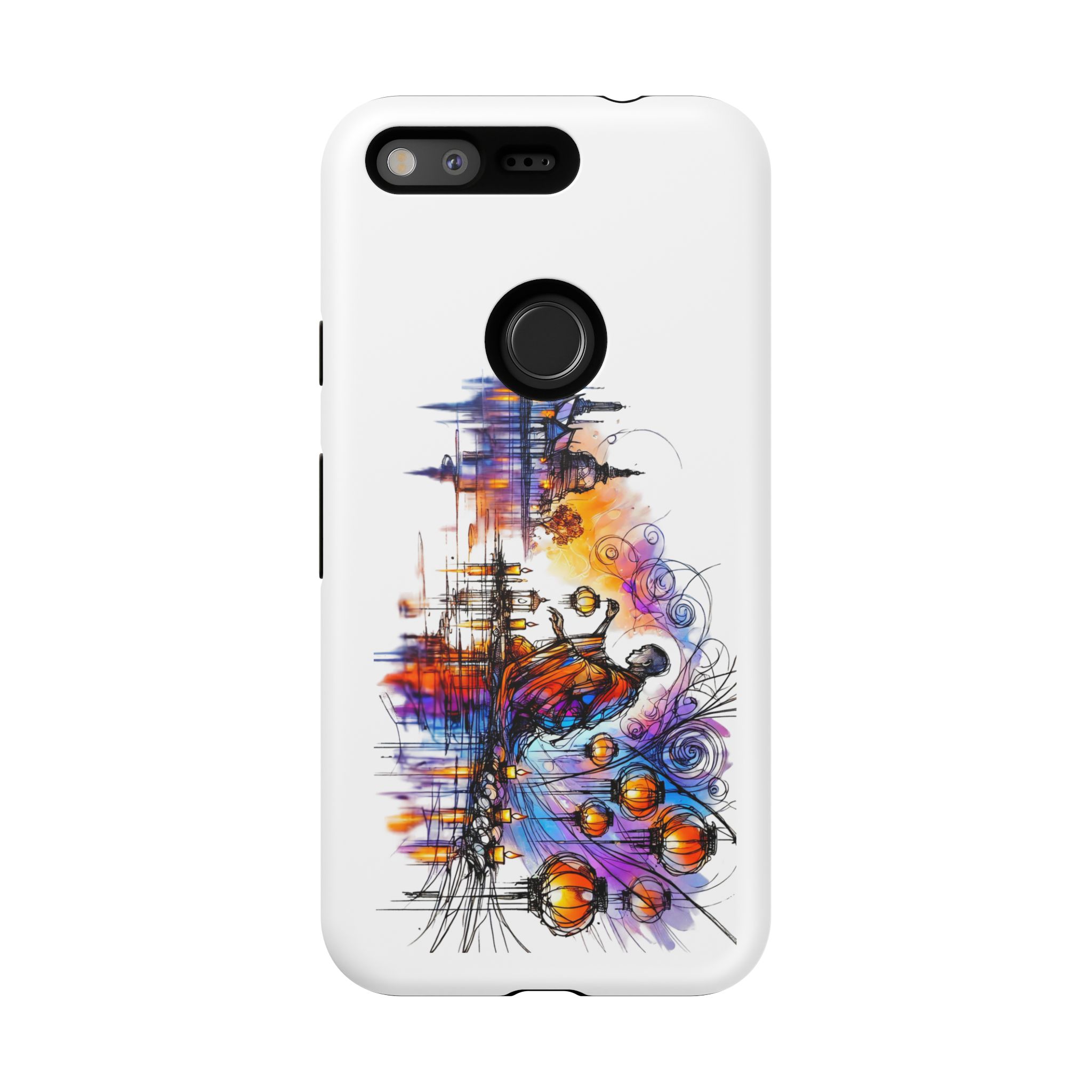 Artistic phone case design featuring colorful patterns and abstract elements.