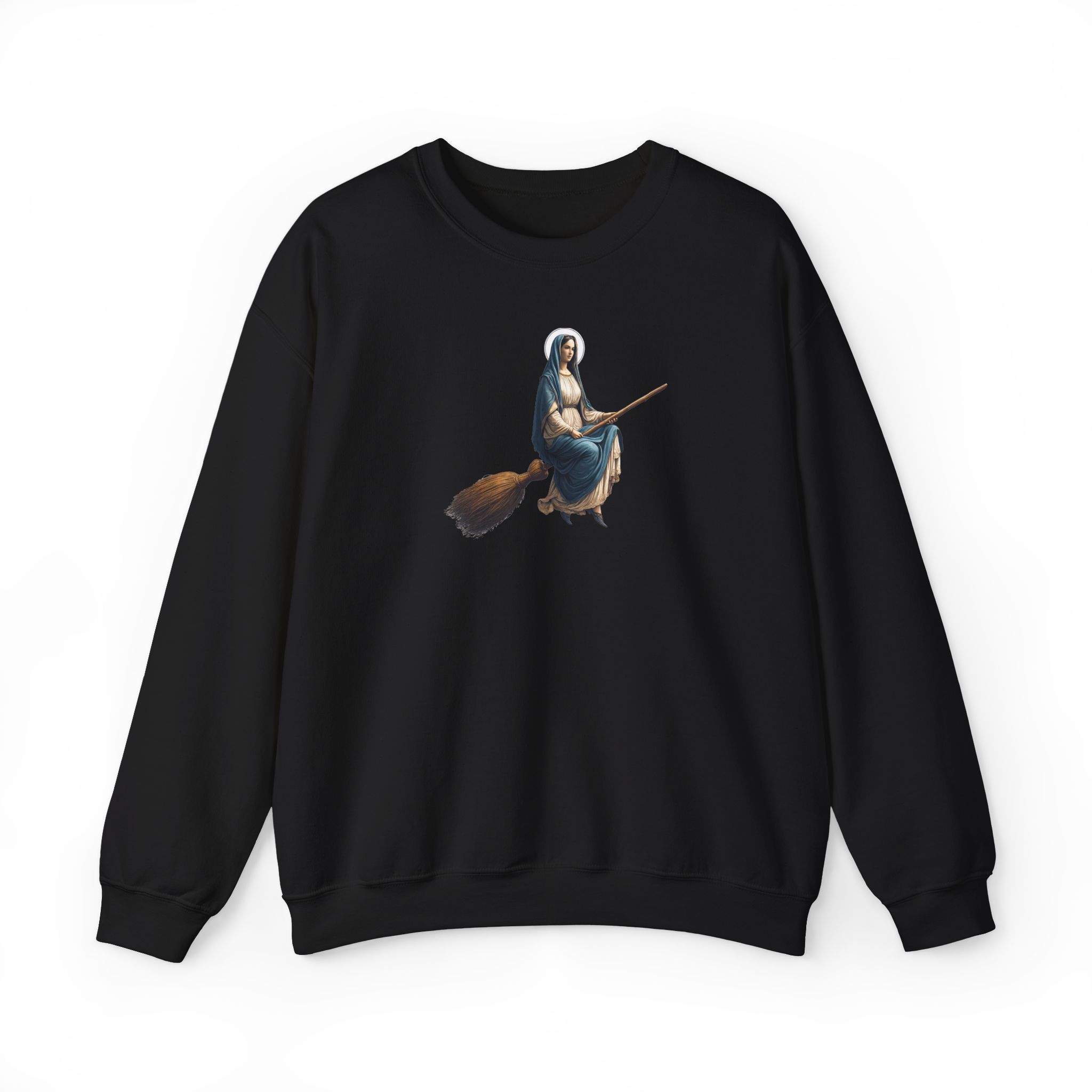 Satiric sweater Virgin Mary witch broom Funny sweatshirt religious print sarcastic print premium apparel unusual clothes - Image 8