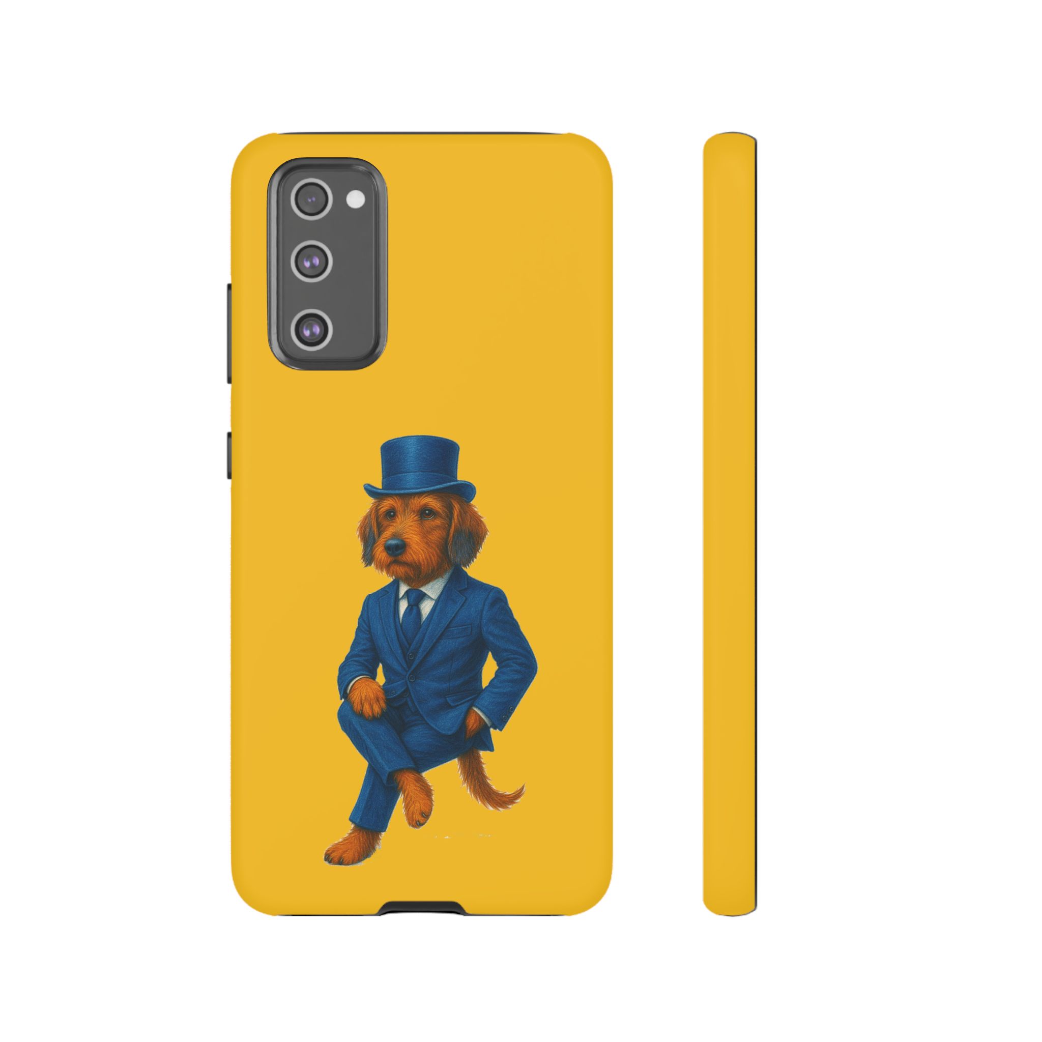 Phone case featuring a dog wearing a blue suit and top hat against a yellow background.