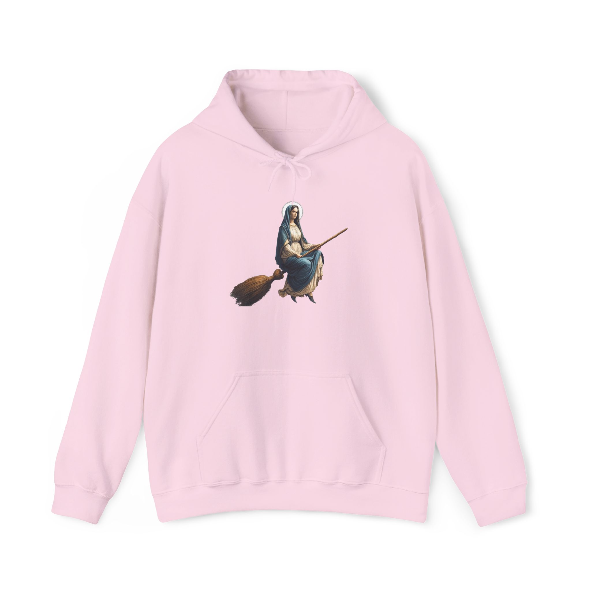 A pink hoodie featuring an illustration of a witch riding a broomstick.