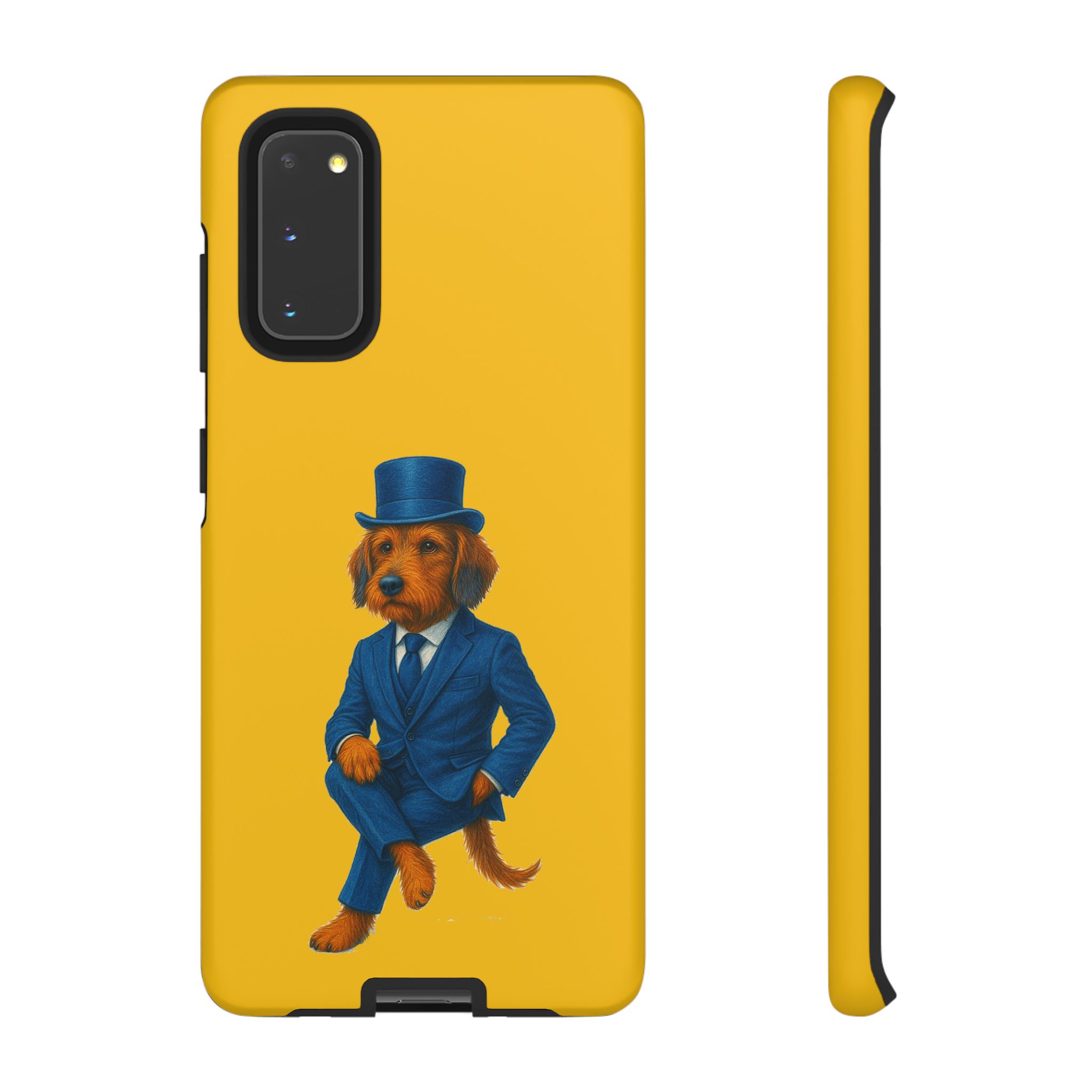 Phone case featuring a dog dressed in a blue suit and top hat against a yellow background.