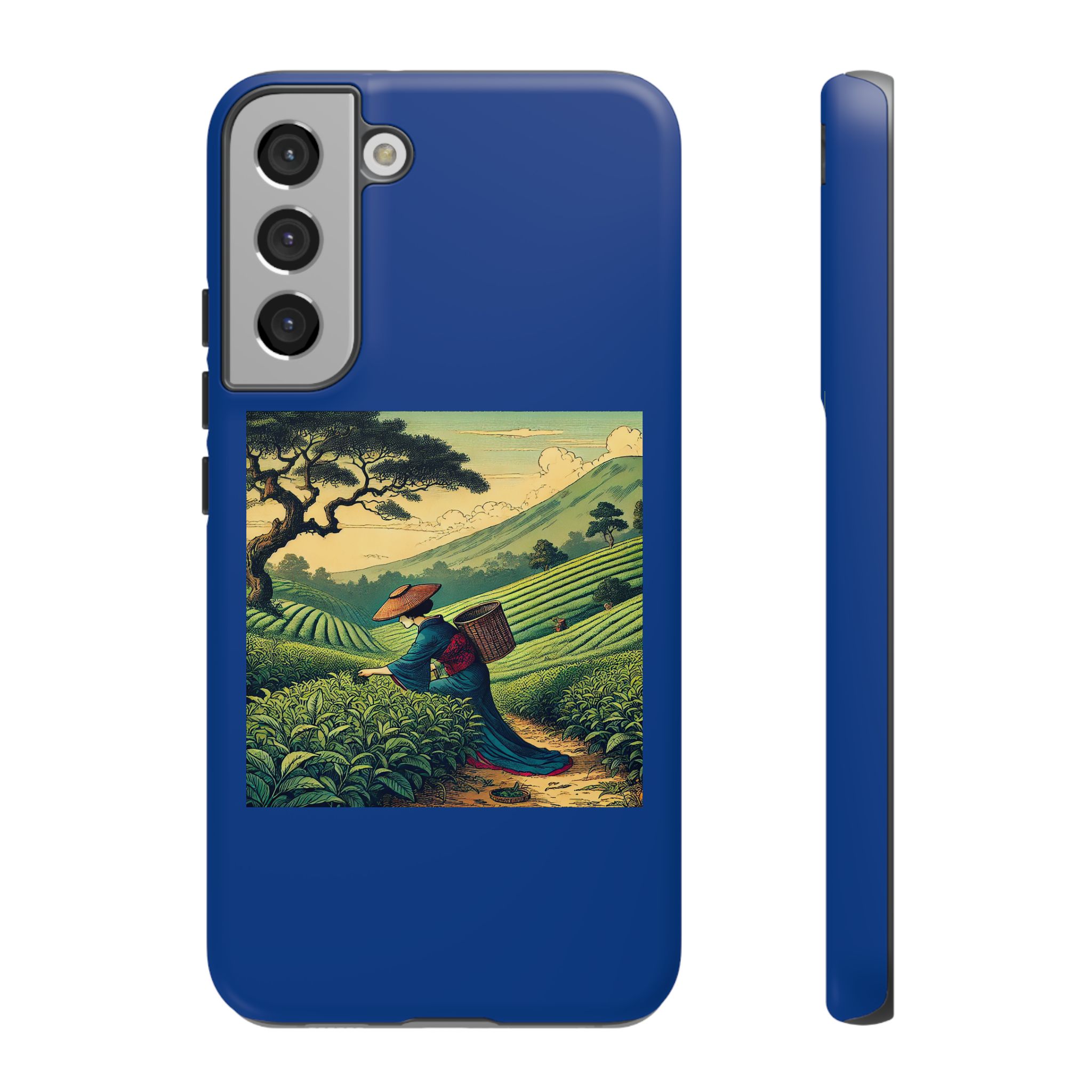 Blue phone case featuring an illustration of a tea farmer walking through green fields.