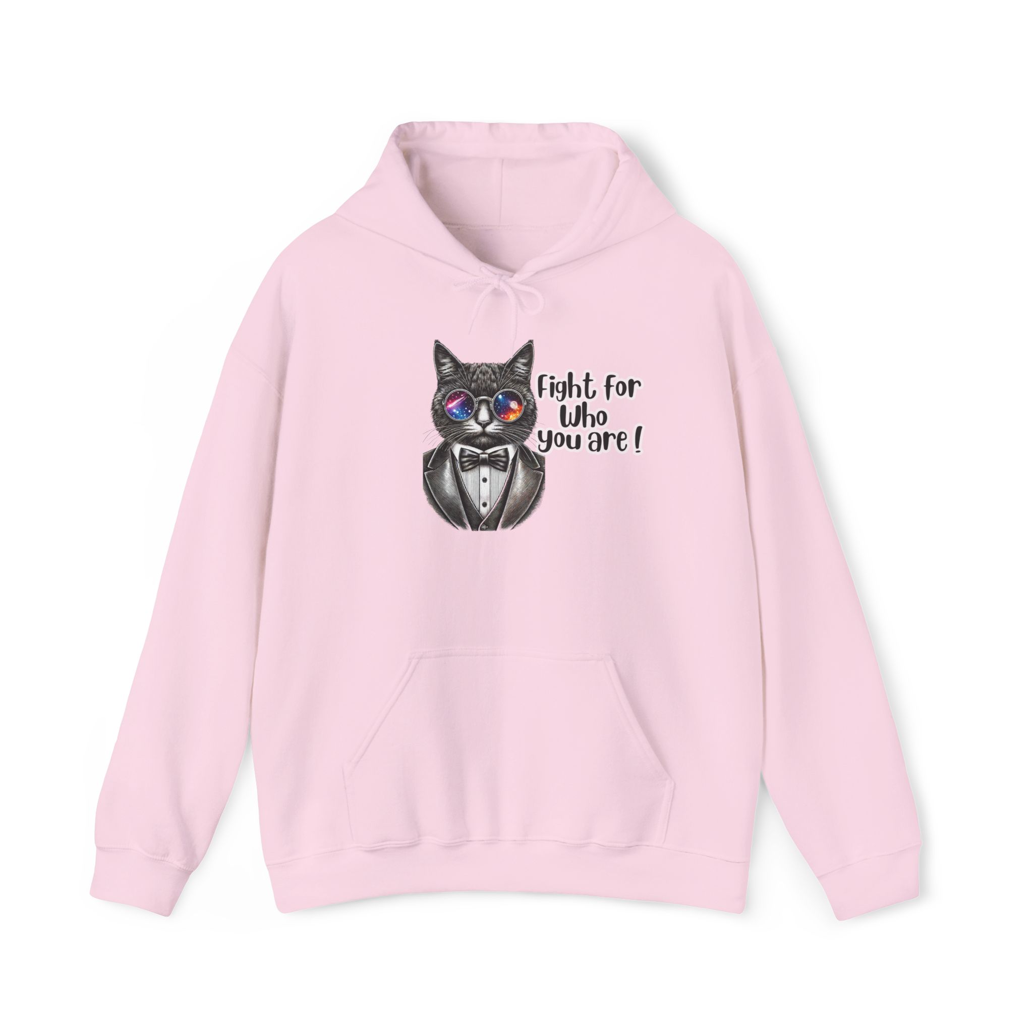 Pink hoodie featuring a cat wearing sunglasses and a tuxedo with the text 'Fight for who you are!'