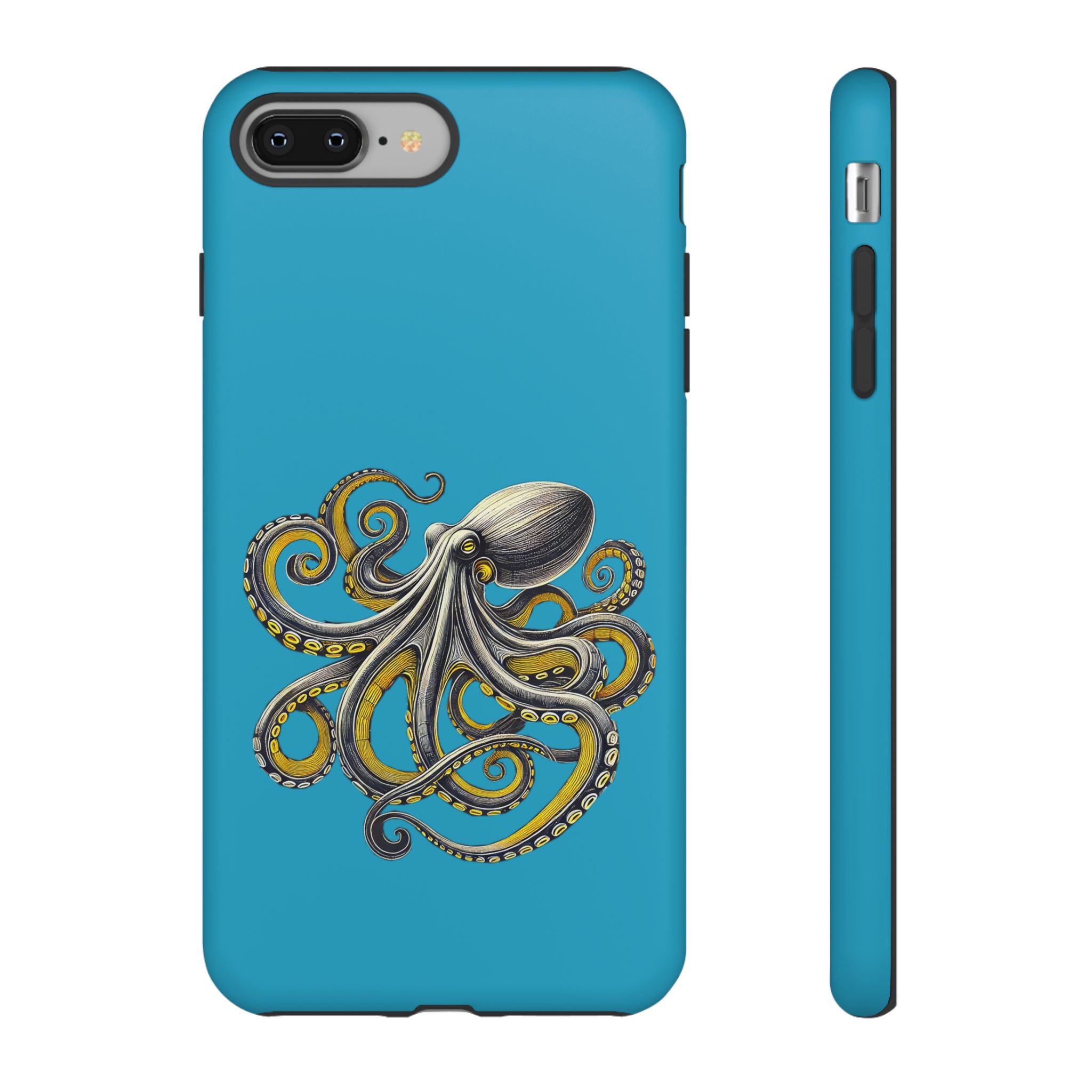 Phone case featuring an illustrated octopus design on a blue background.
