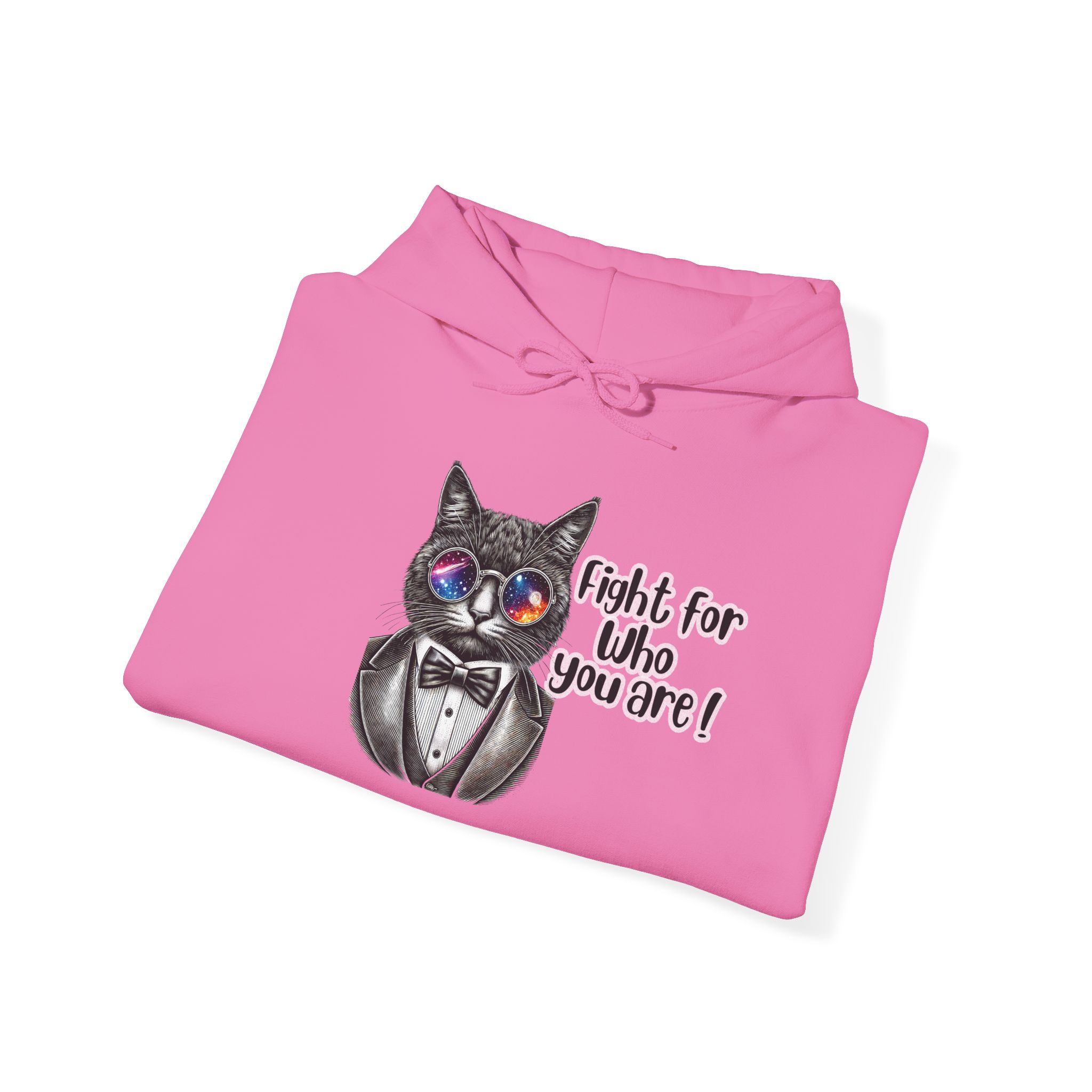 Pink hoodie featuring a cat in a tuxedo with sunglasses and the text 'Fight for who you are!'